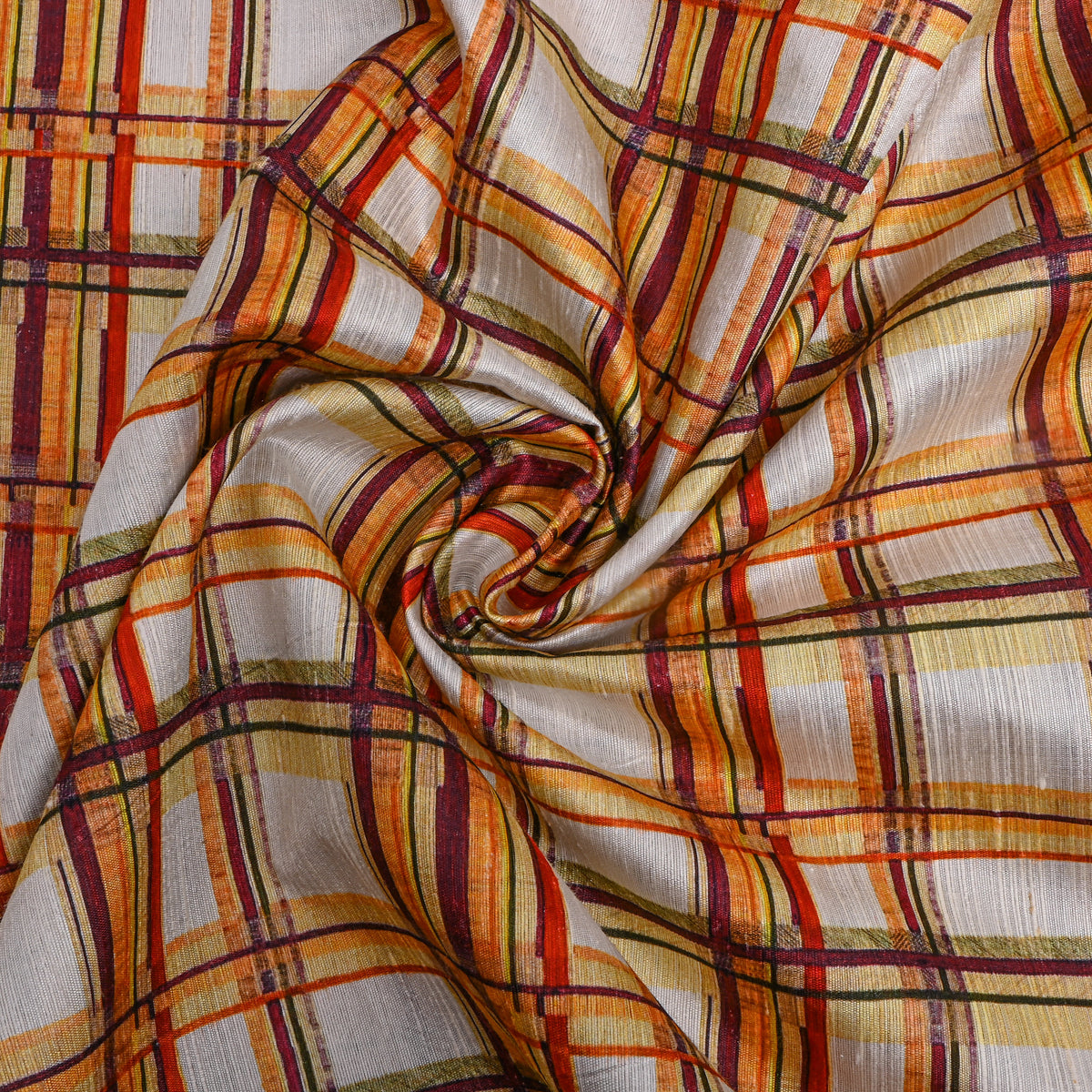 Multicolour Check Printed Raw Silk Fabric