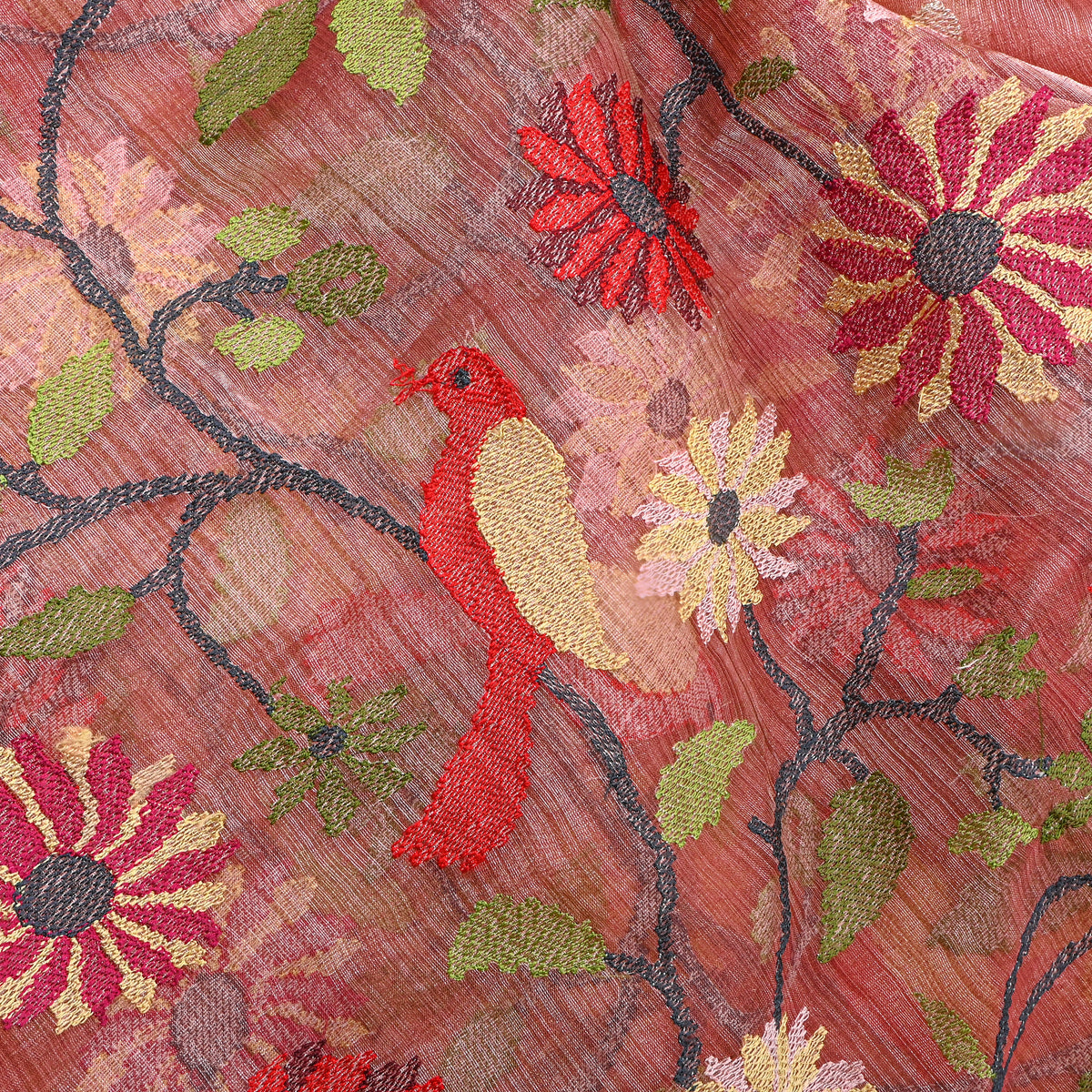 Coral Orange Thread Work Embroidery Tissue Fabric