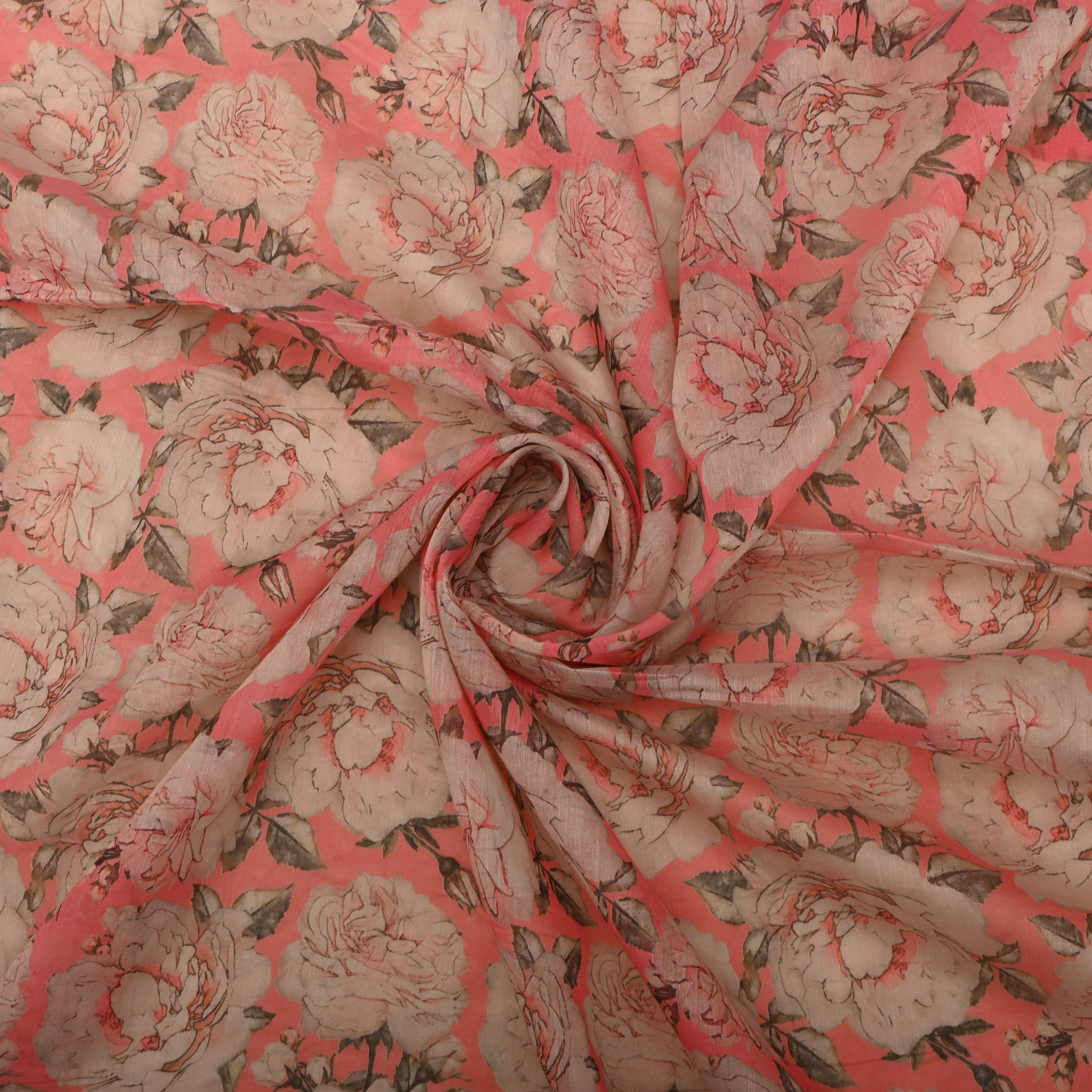 Light Coral Chanderi Fabric With Floral Prints