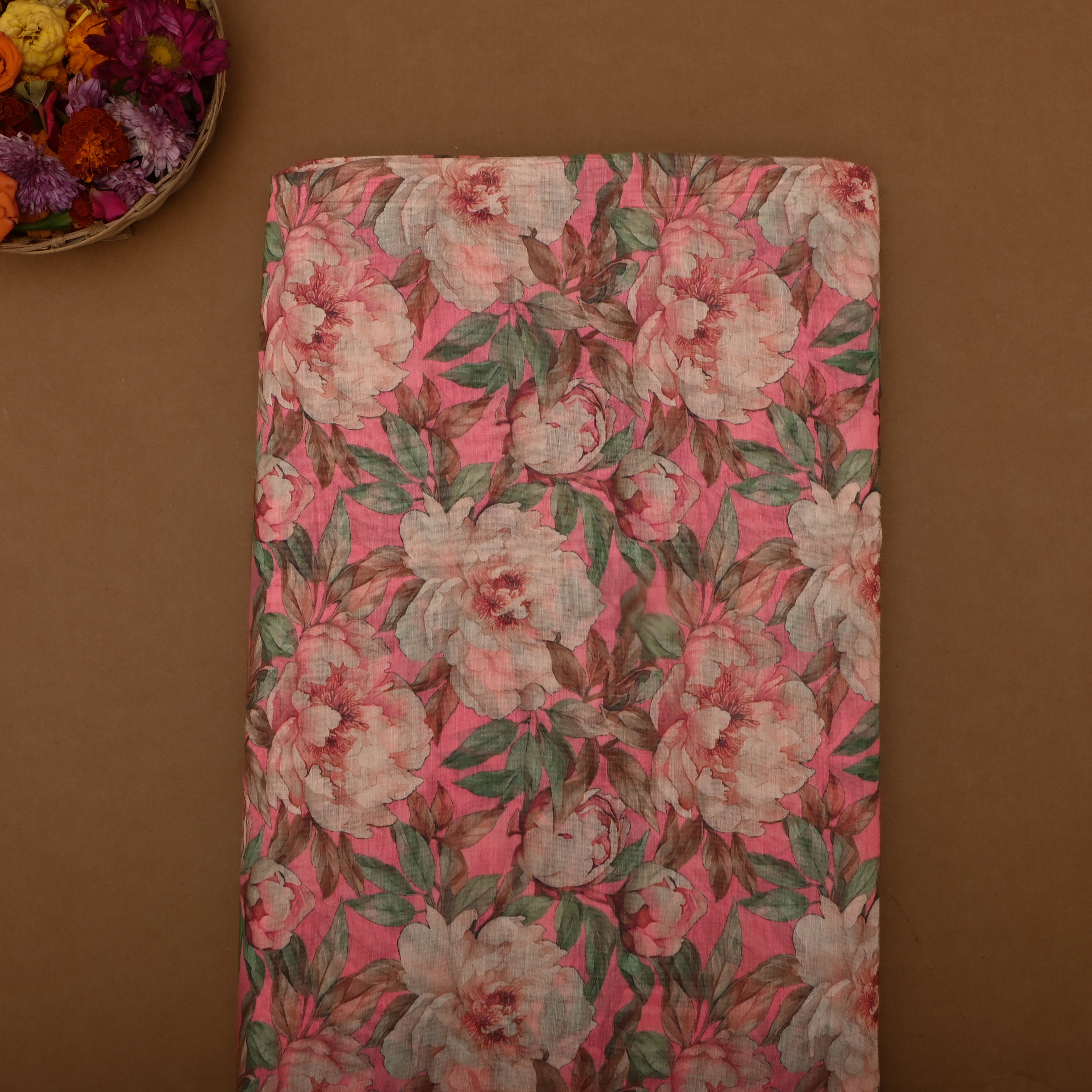 Salon Pink Chanderi Fabric With Floral Prints