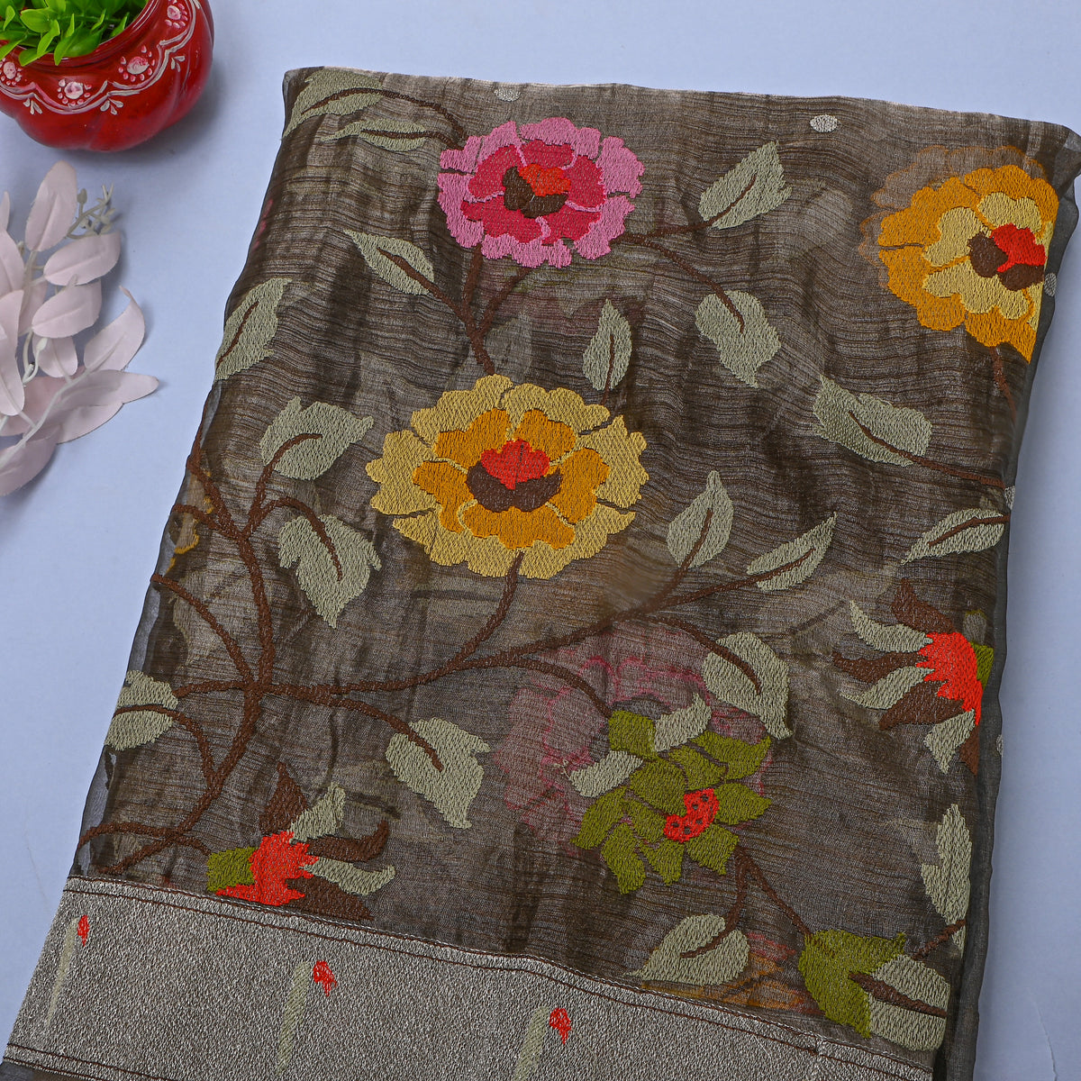 Slate Grey Thread Work Embroidery Tissue Fabric