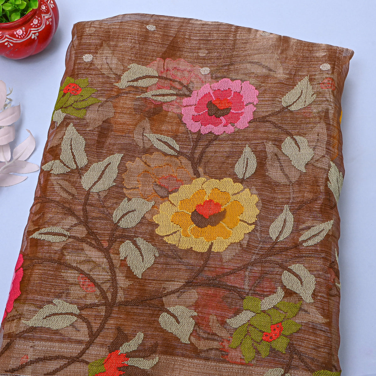 Chestnut Brown Thread Work Embroidery Tissue Fabric