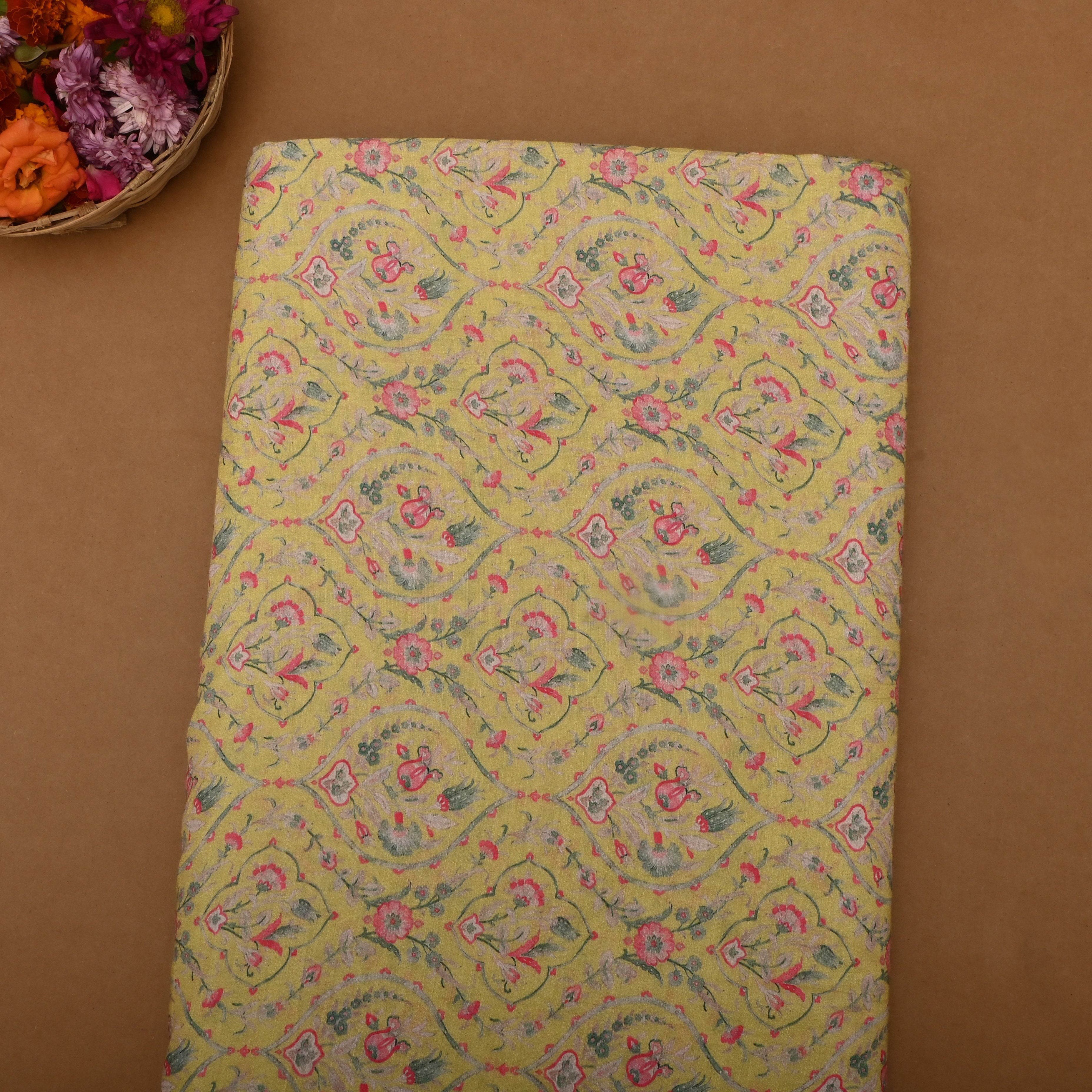 Rayol Yellow Chanderi Fabric With Printed Design