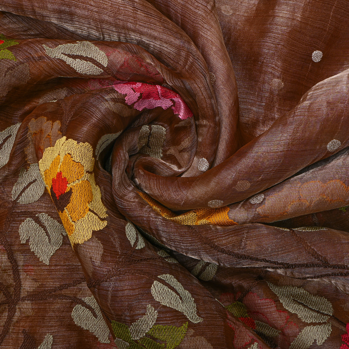Chestnut Brown Thread Work Embroidery Tissue Fabric