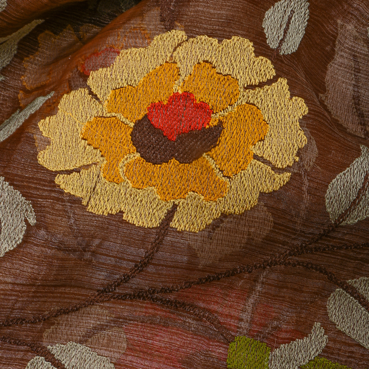 Chestnut Brown Thread Work Embroidery Tissue Fabric