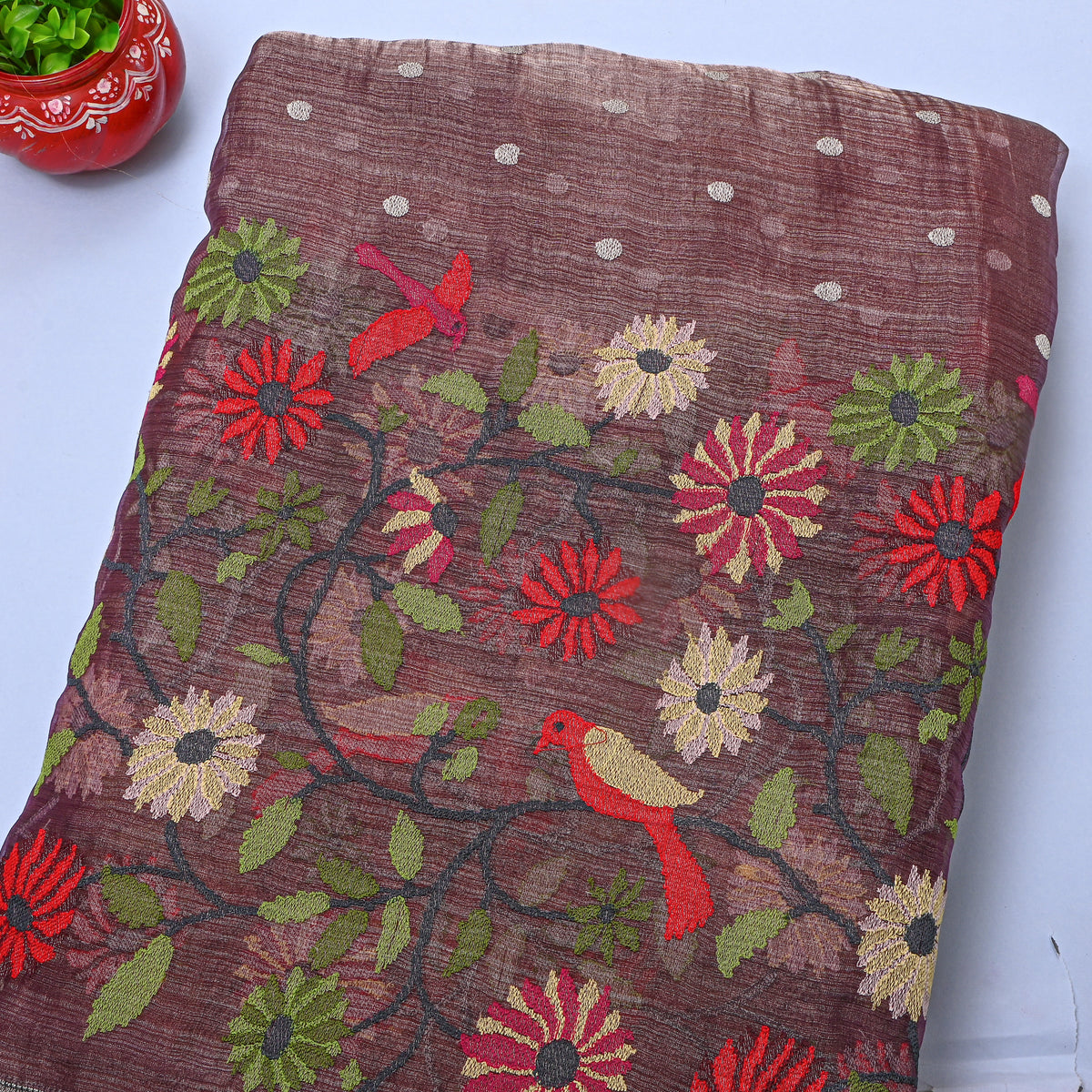 Deep Purple Thread Work Embroidery Tissue Fabric