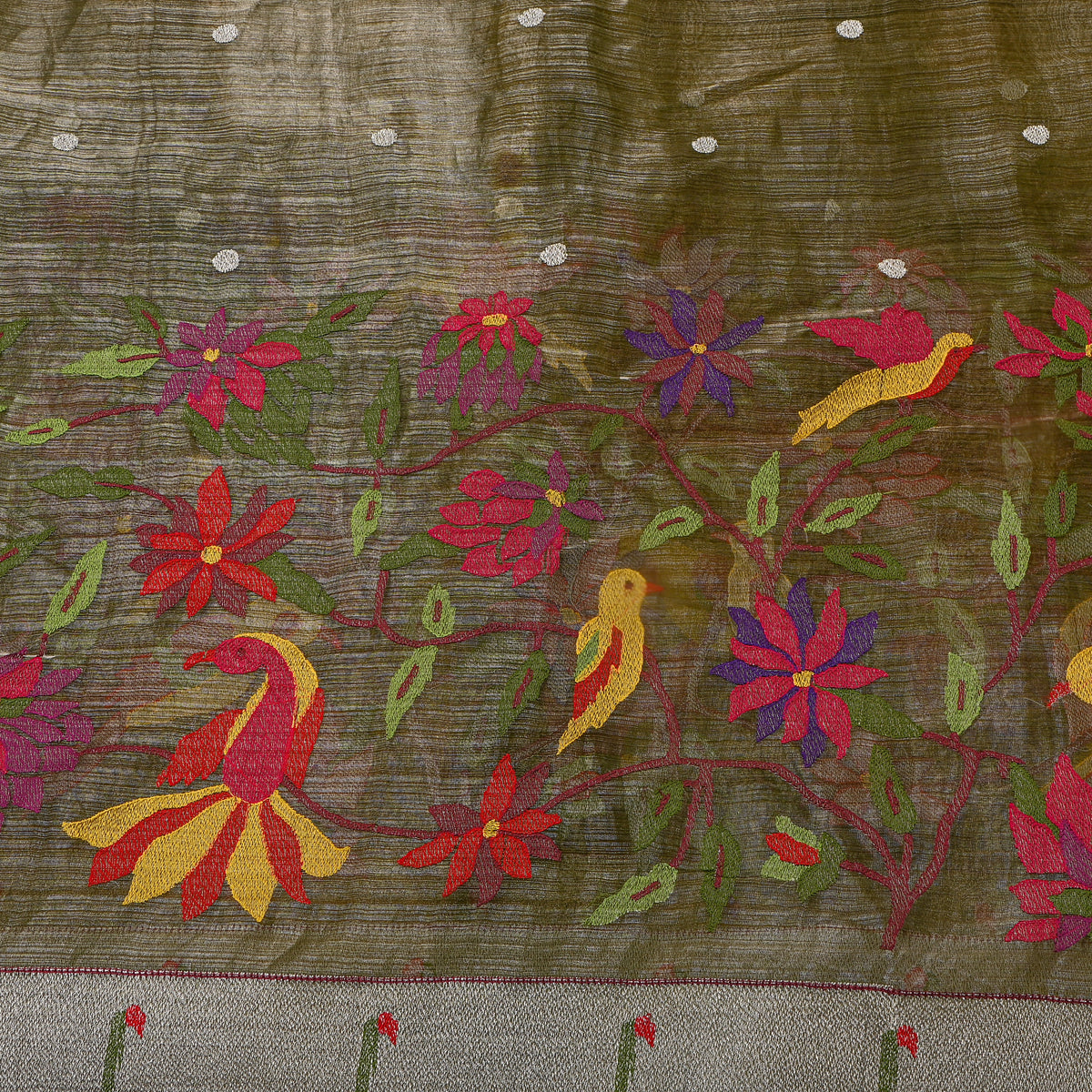 Olive Green Thread Work Embroidery Tissue Fabric