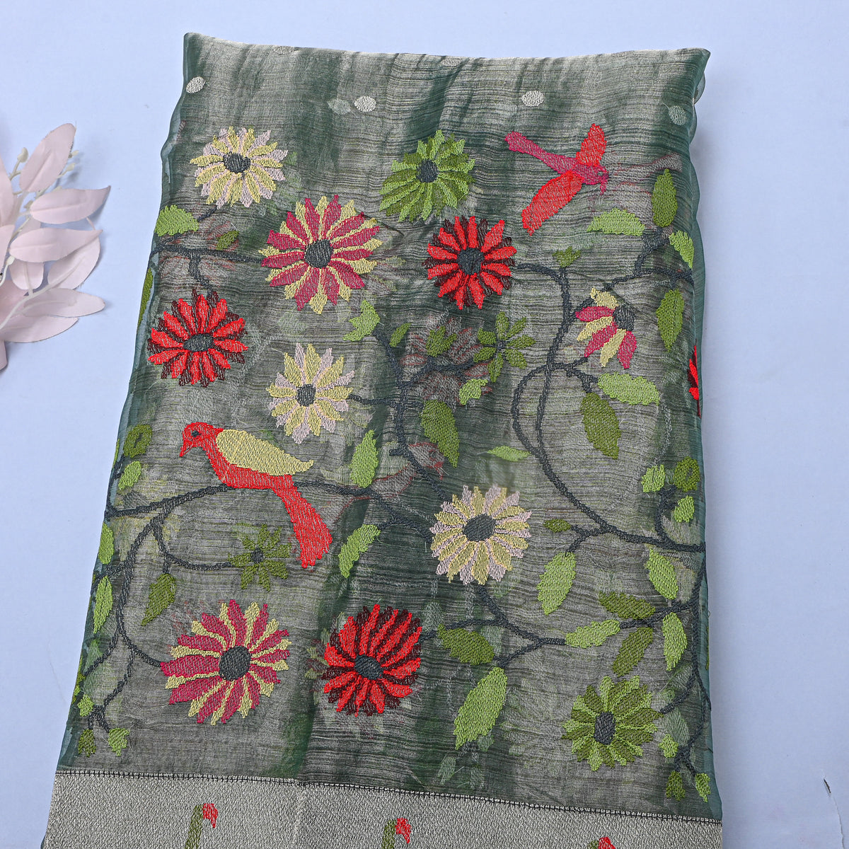 Charcoal Green Thread Work Embroidery Tissue Fabric