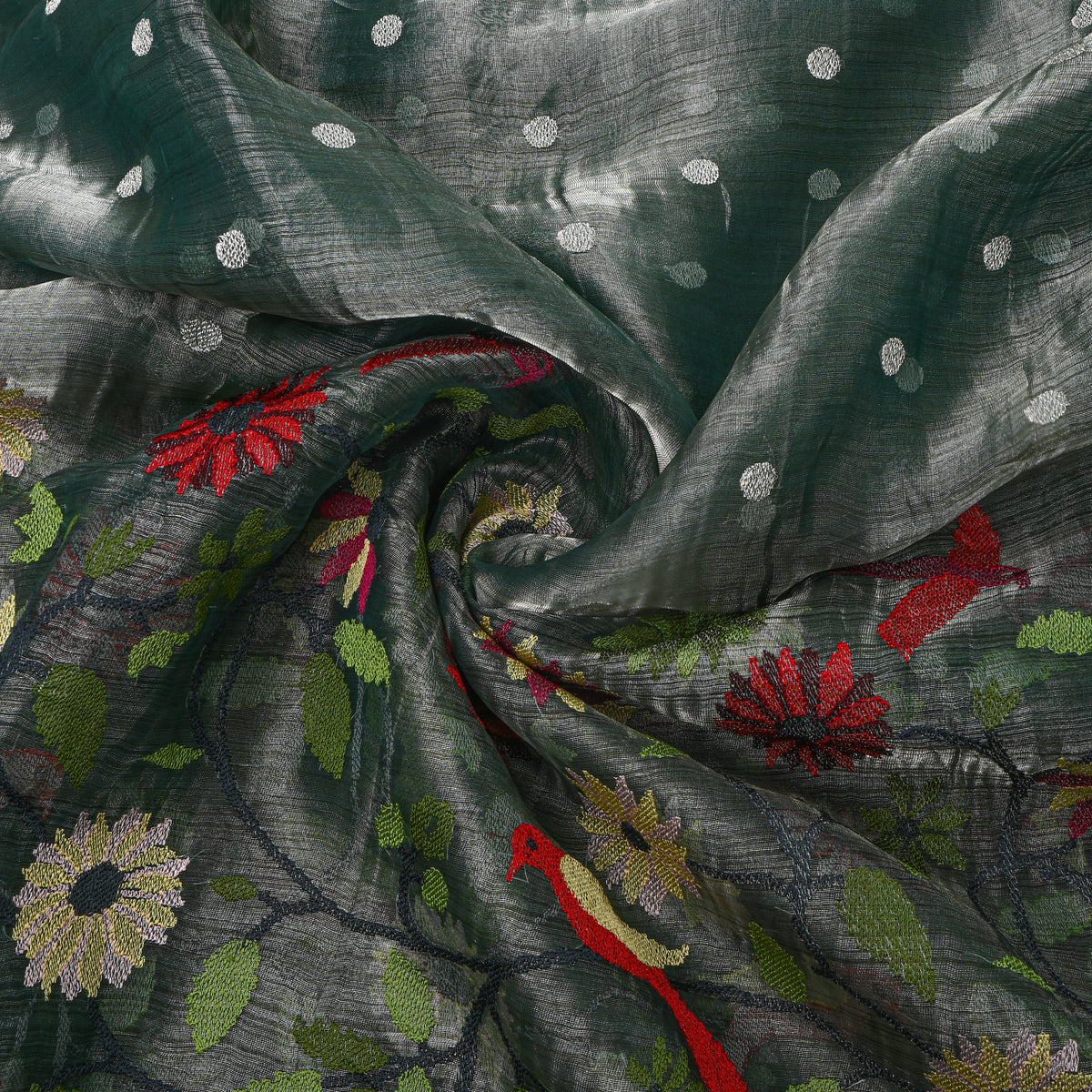 Charcoal Green Thread Work Embroidery Tissue Fabric