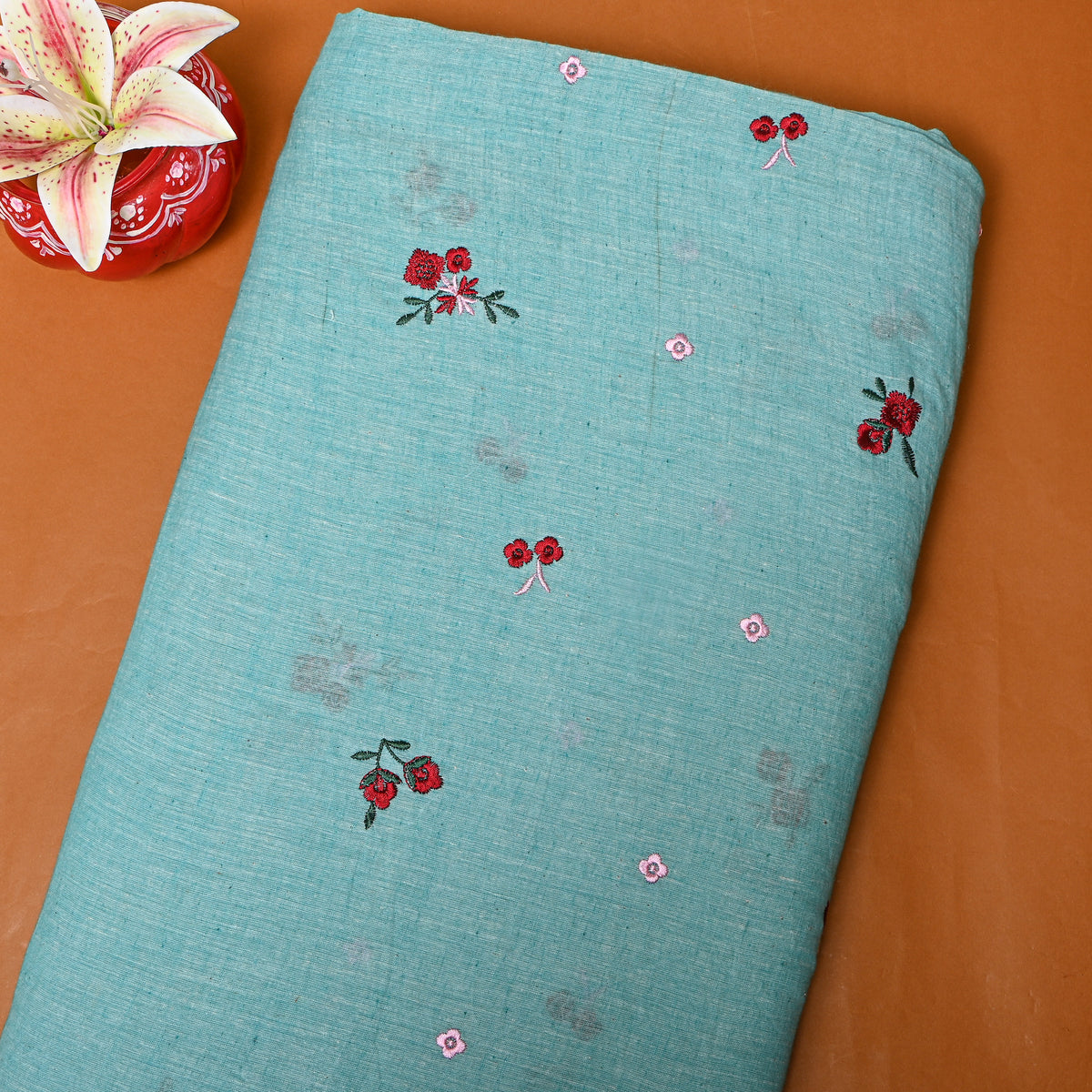 Light Mint Bliue With Red Thread Wor Butti Cotton Fabric