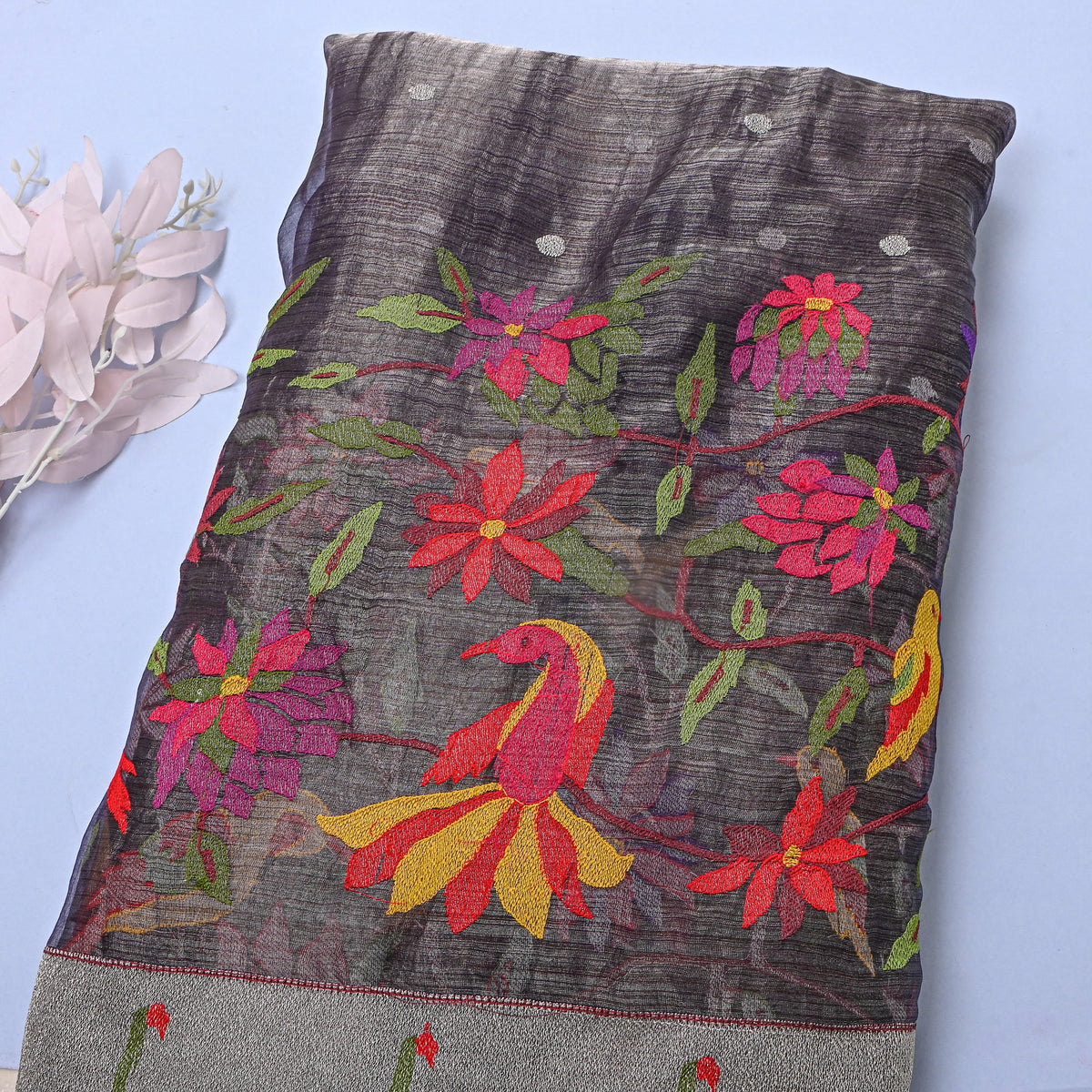 Onyx Black Thread Work Embroidery Tissue Fabric