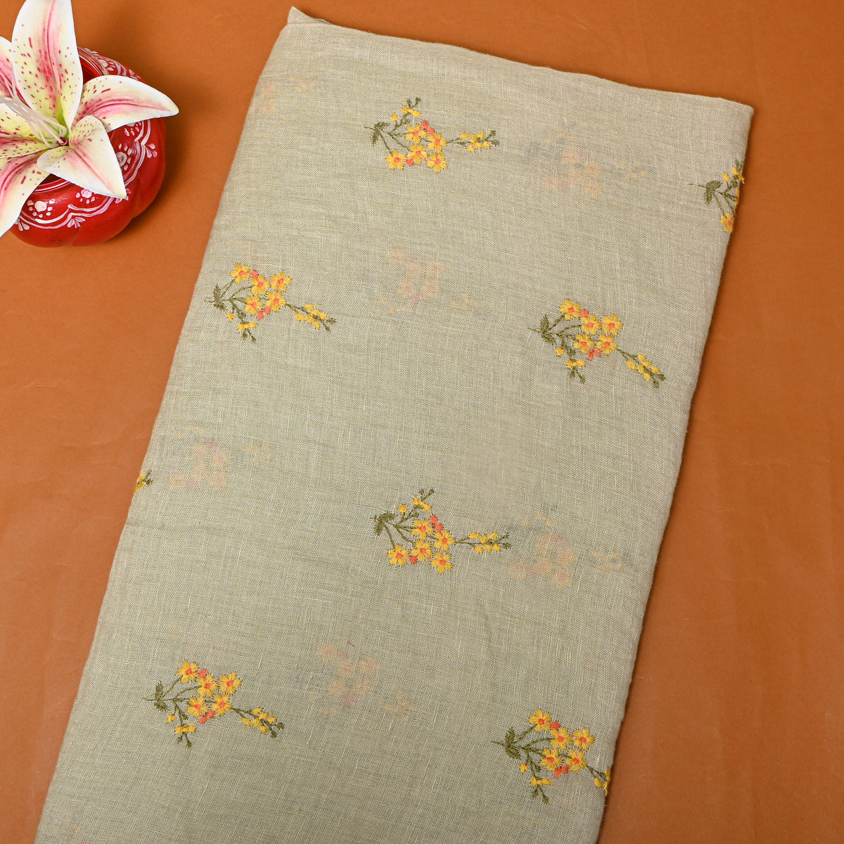Green Floral Butti Thread Work Linen Fabric