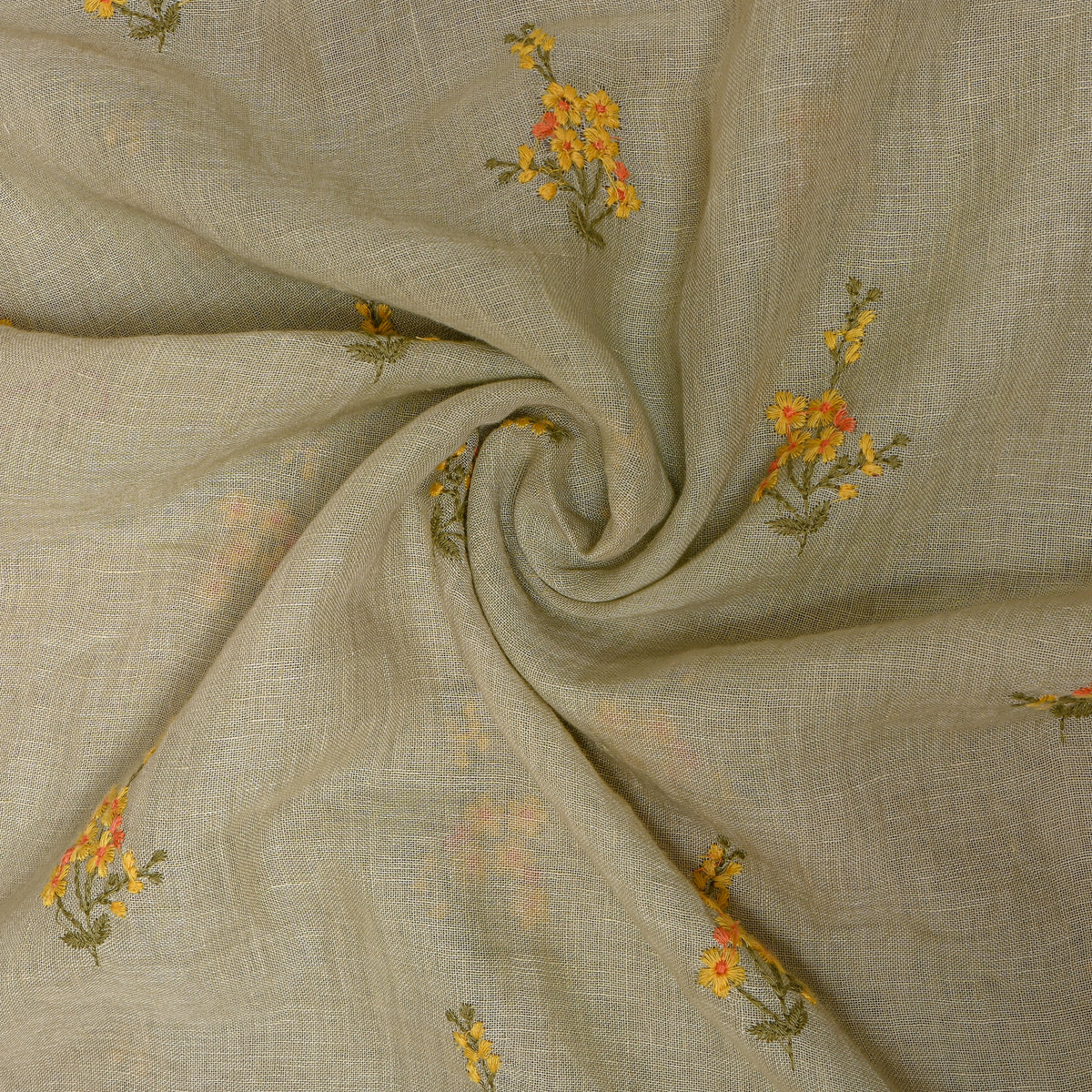 Green Floral Butti Thread Work Linen Fabric