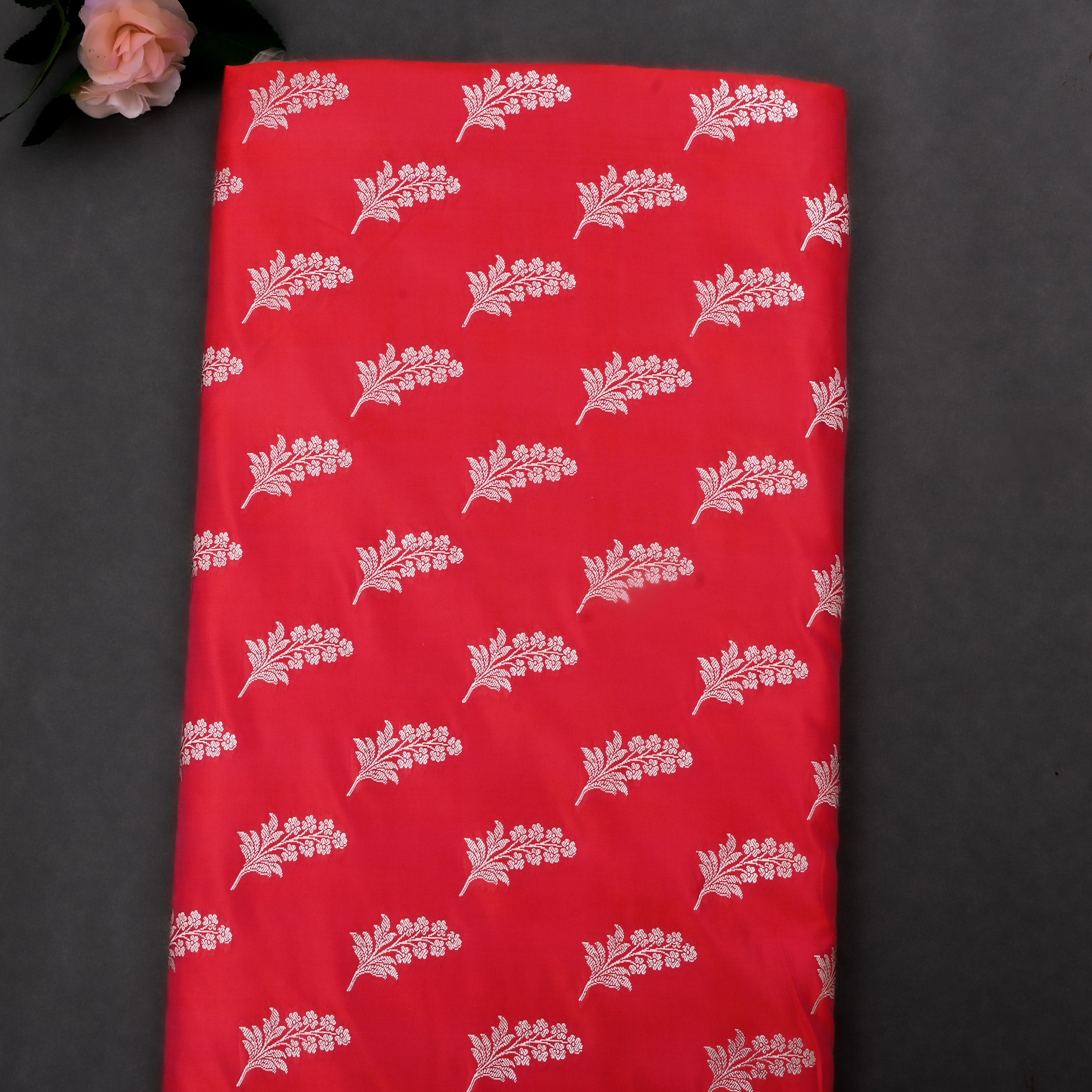 Lava Red Jamawar Satin Fabric With Floral Butti'S