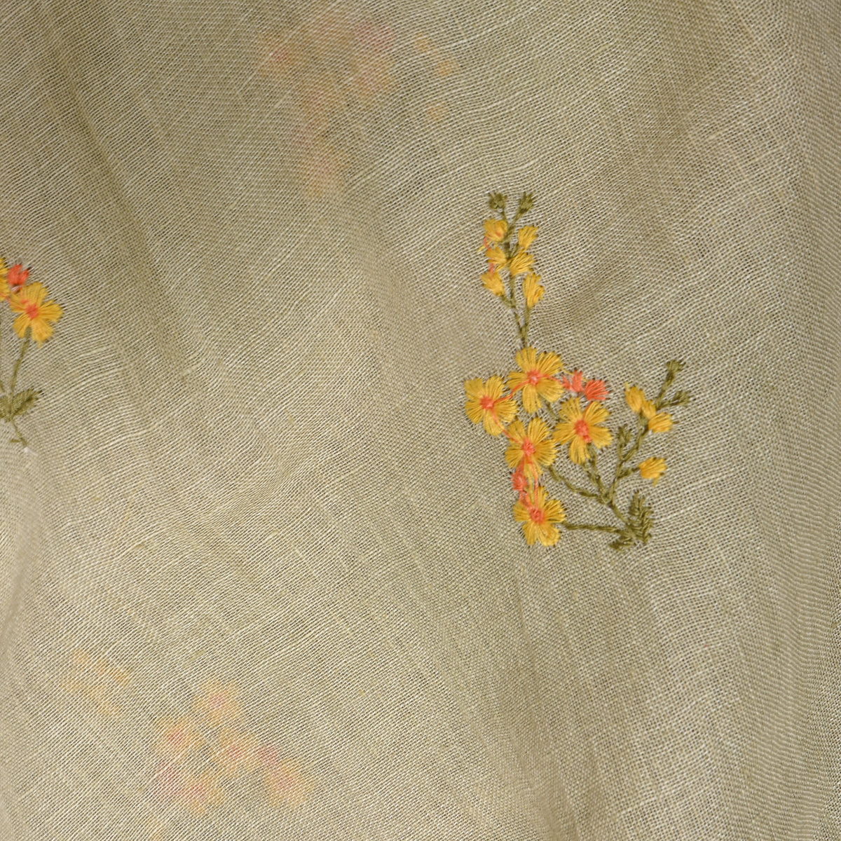 Green Floral Butti Thread Work Linen Fabric