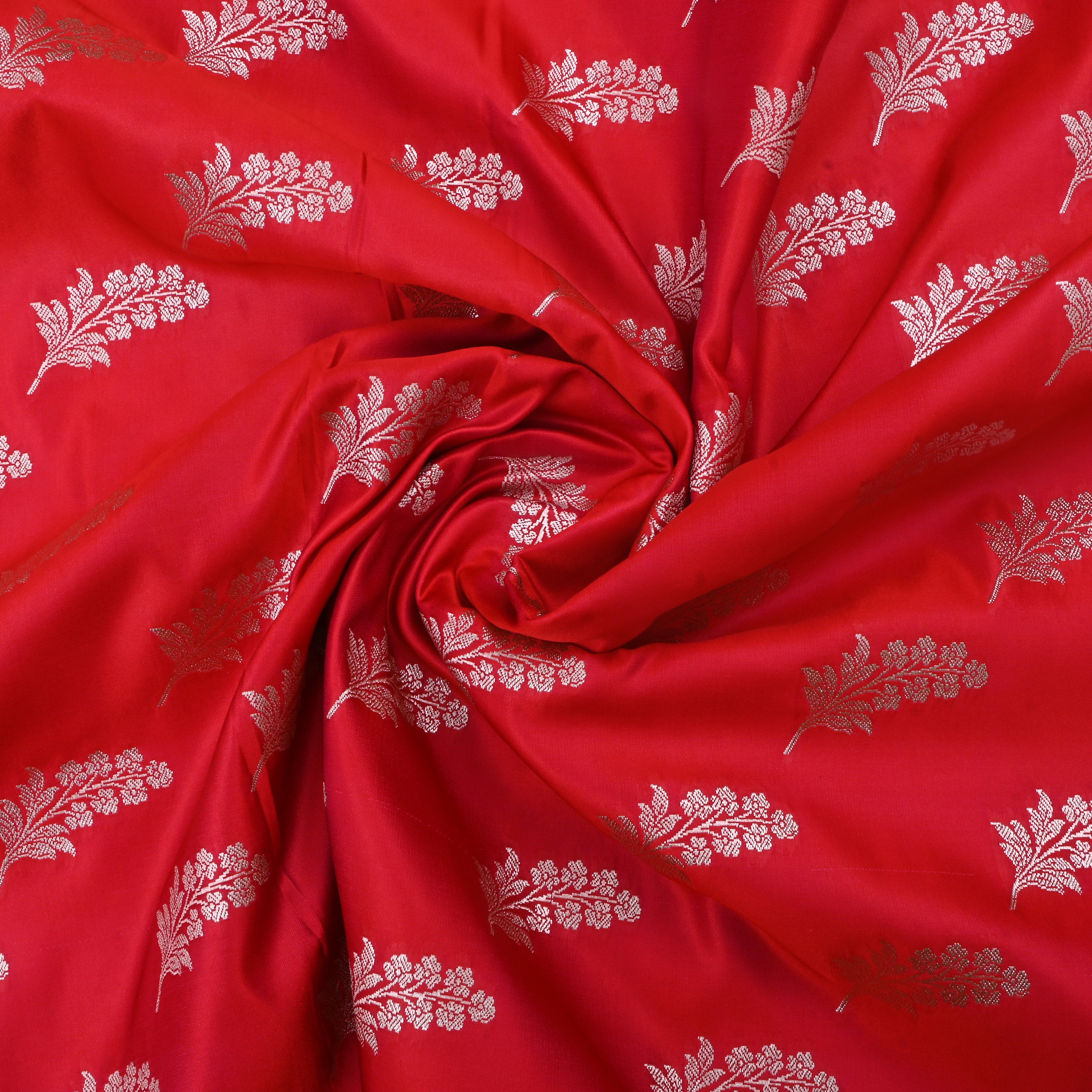 Lava Red Jamawar Satin Fabric With Floral Butti'S