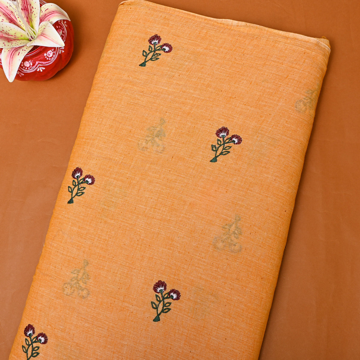 Bright Orange With Dark Red Thread Work Floral Butti Cotton Fabric