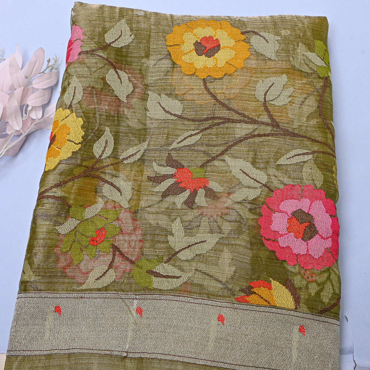 Olive GreenThread Work Embroidery Tissue Fabric