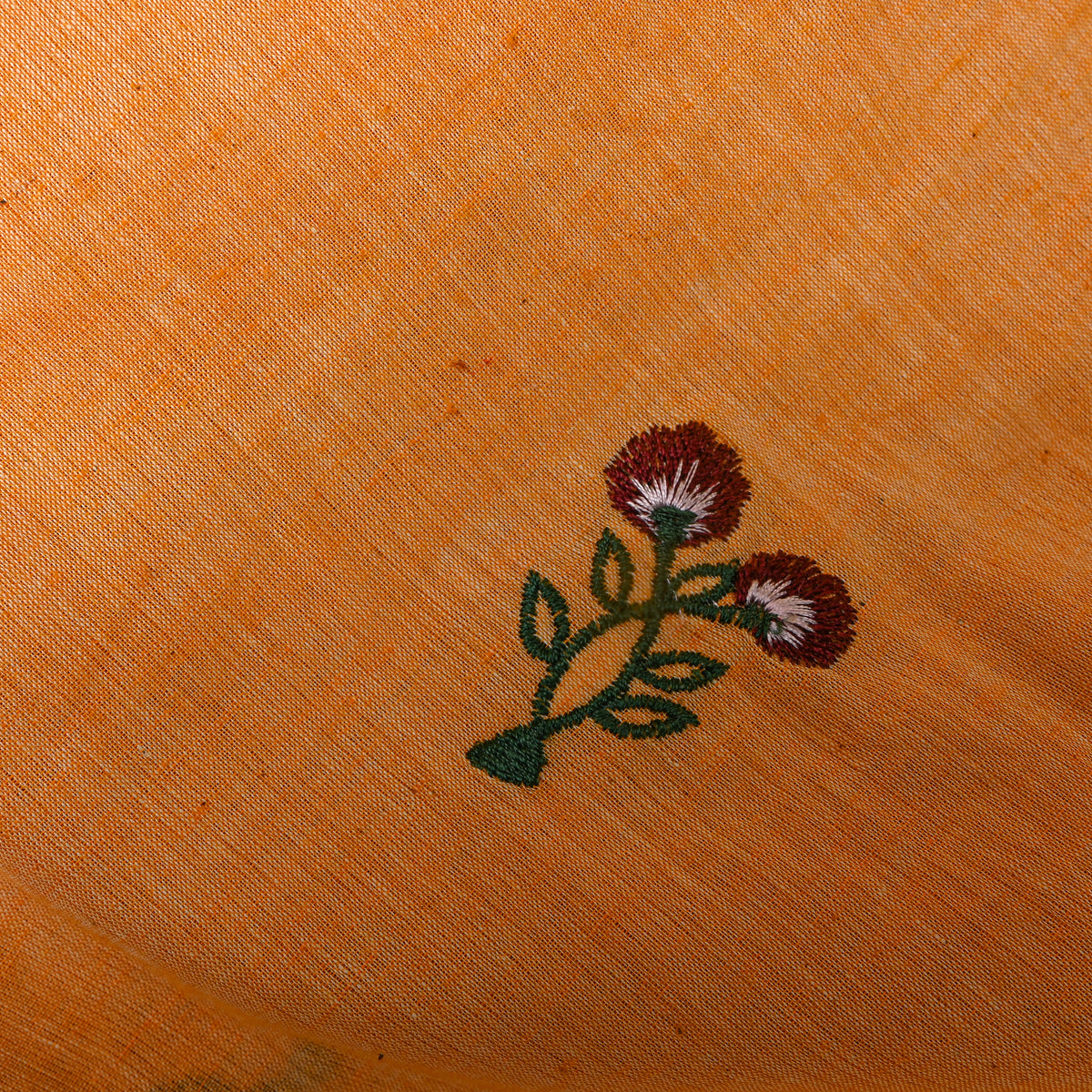 Bright Orange With Dark Red Thread Work Floral Butti Cotton Fabric