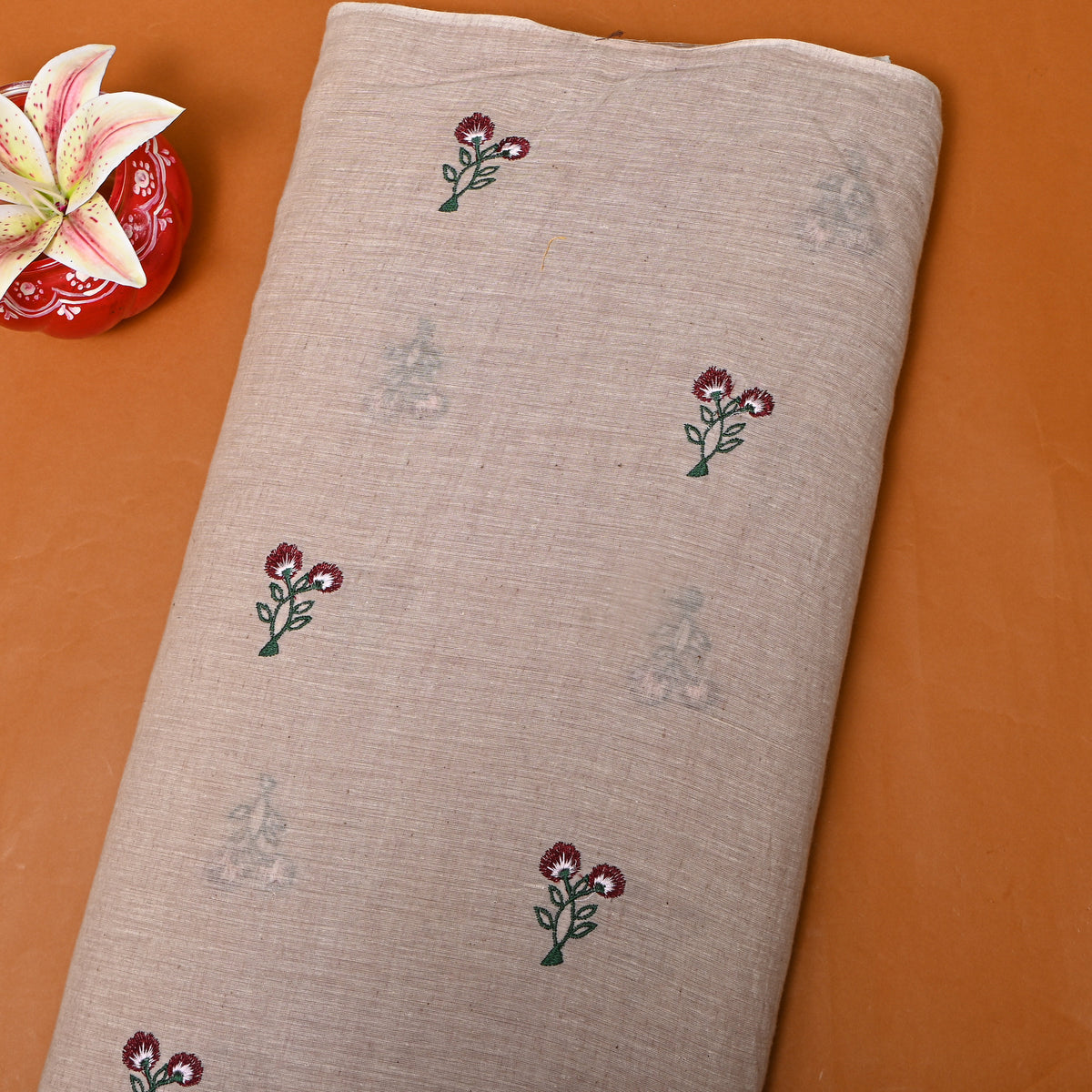 Light Beige With Dark Red Thread Work Floral Butti Cotton Fabric