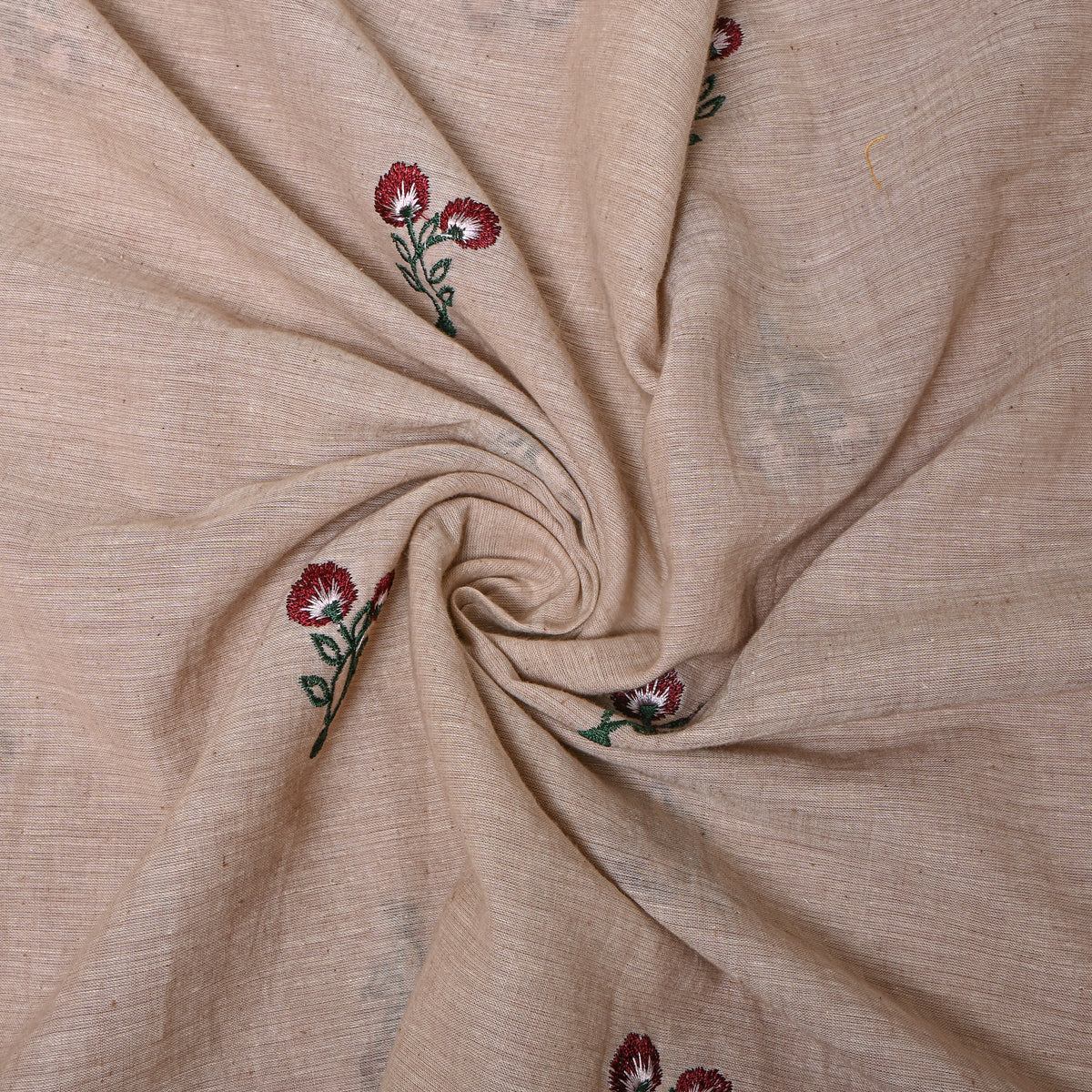 Light Beige With Dark Red Thread Work Floral Butti Cotton Fabric