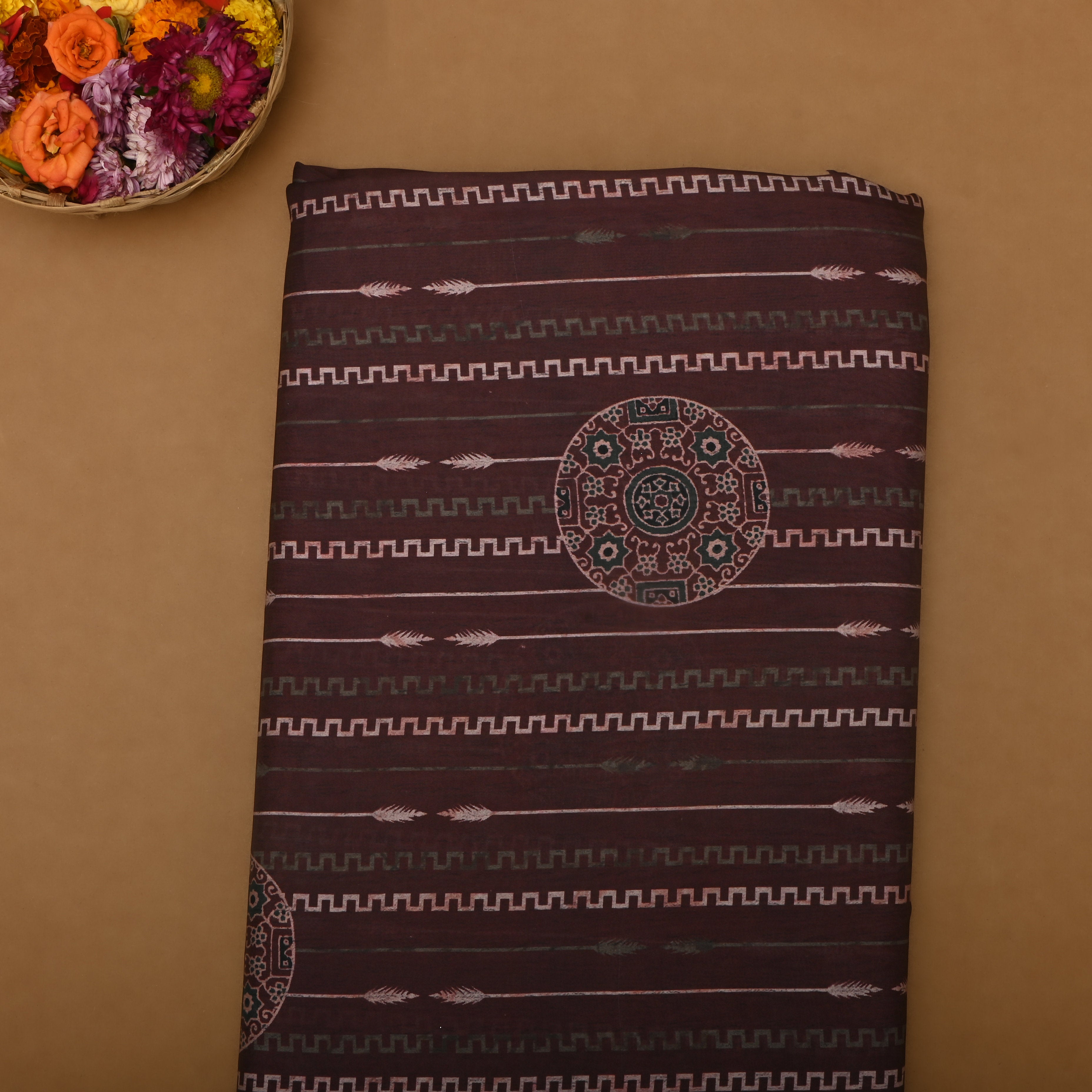 Brown Coffee Silk Fabric With Abstract Print