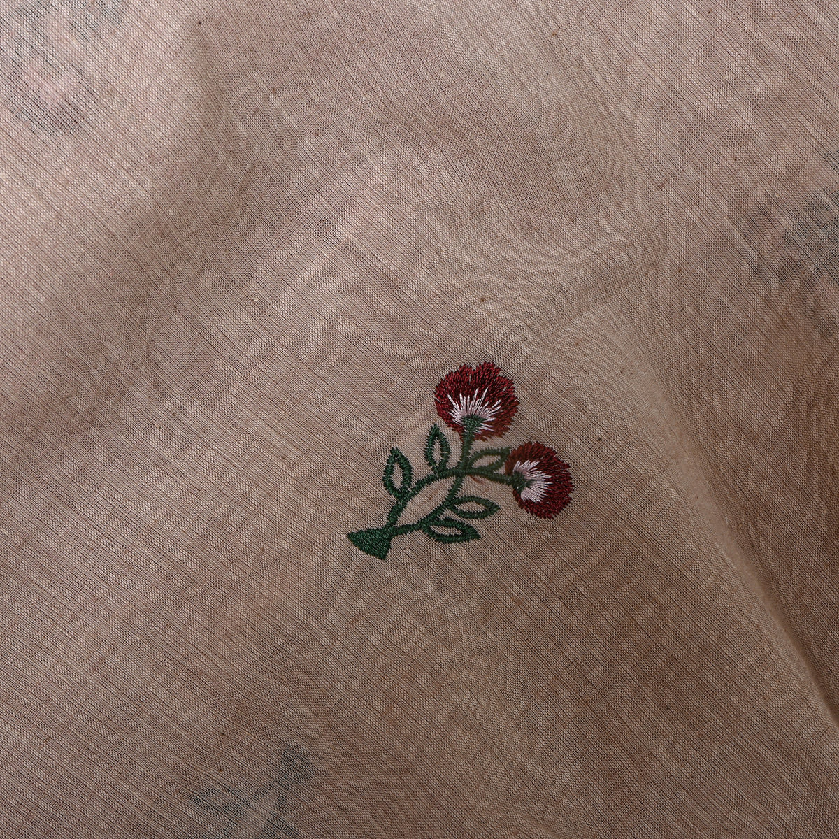 Light Beige With Dark Red Thread Work Floral Butti Cotton Fabric