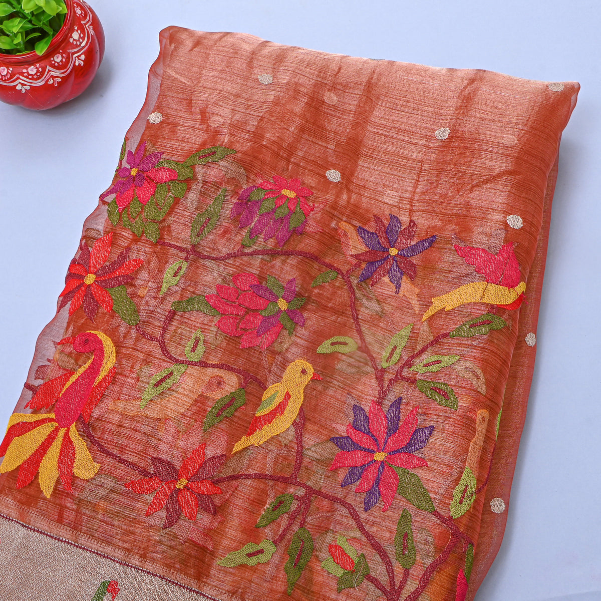 Rust Orange Thread Work Embroidery Tissue Fabric