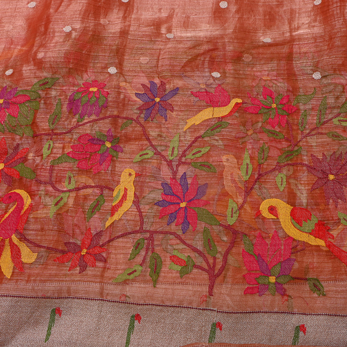 Rust Orange Thread Work Embroidery Tissue Fabric
