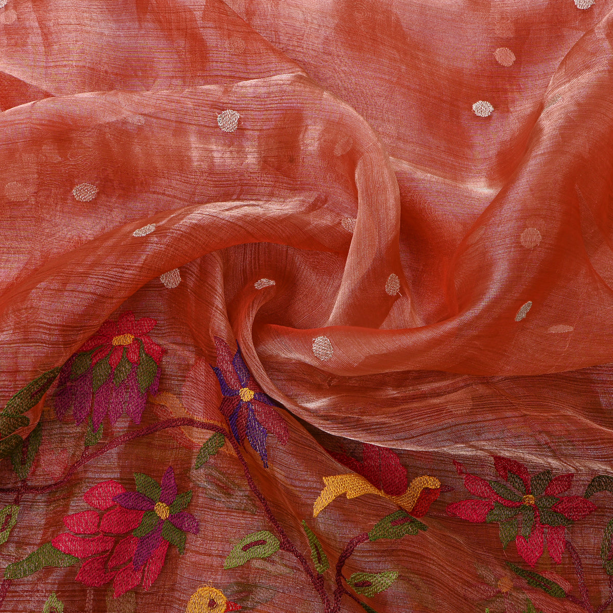 Rust Orange Thread Work Embroidery Tissue Fabric