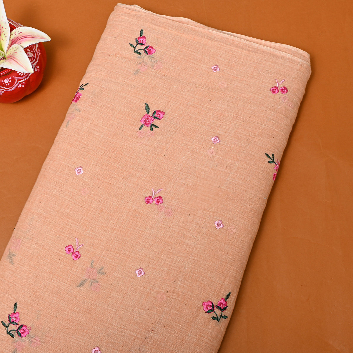 Peach With Pink Thread Work Butti Cotton Fabric