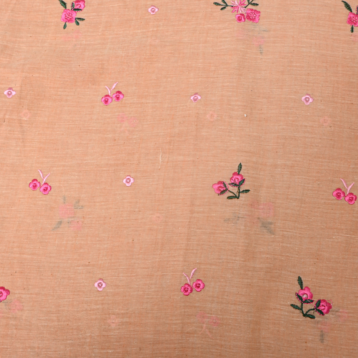 Peach With Pink Thread Work Butti Cotton Fabric