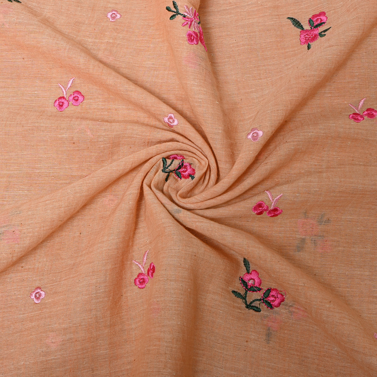 Peach With Pink Thread Work Butti Cotton Fabric