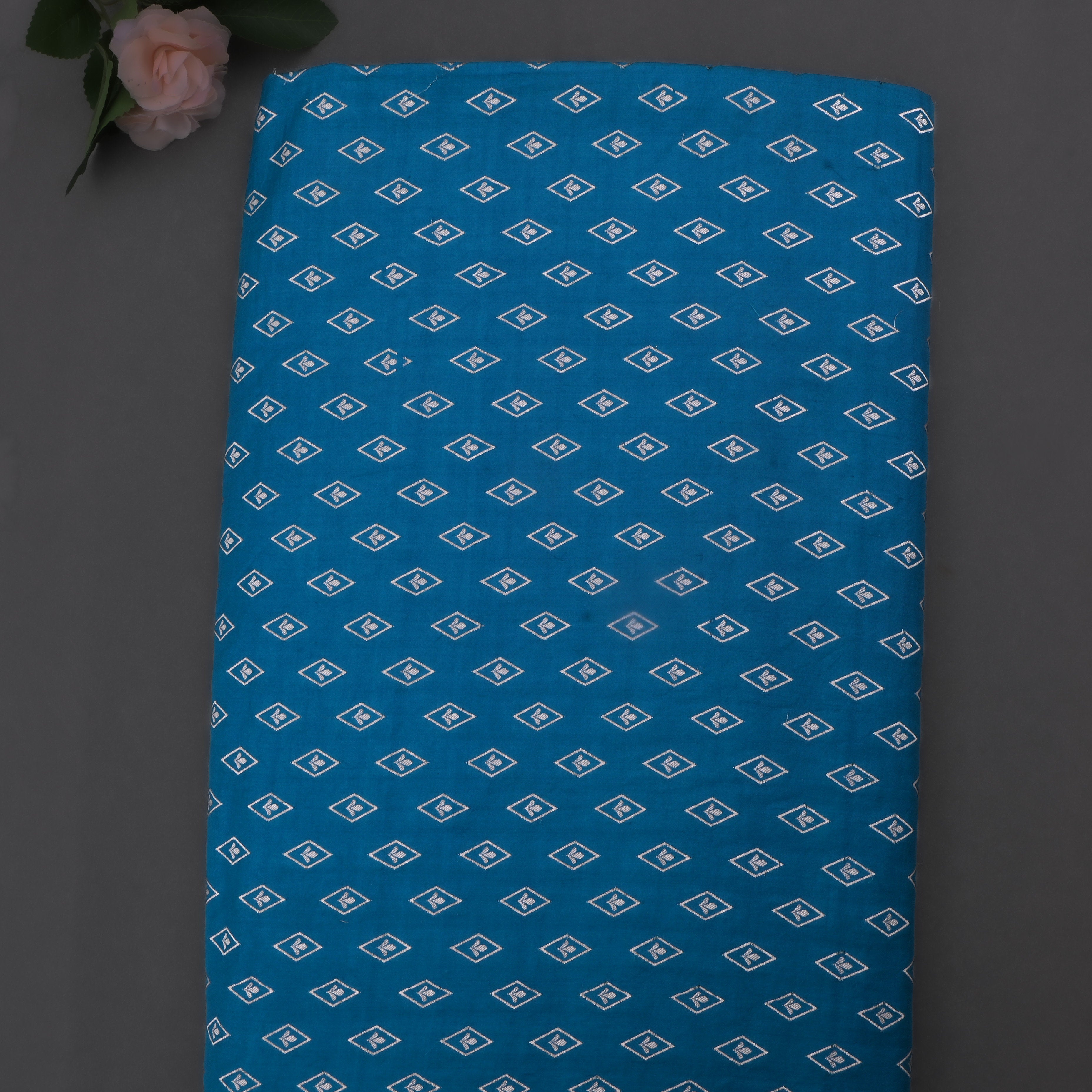 Venice Blue Jamawar Silk Fabric With Diamond Motifs