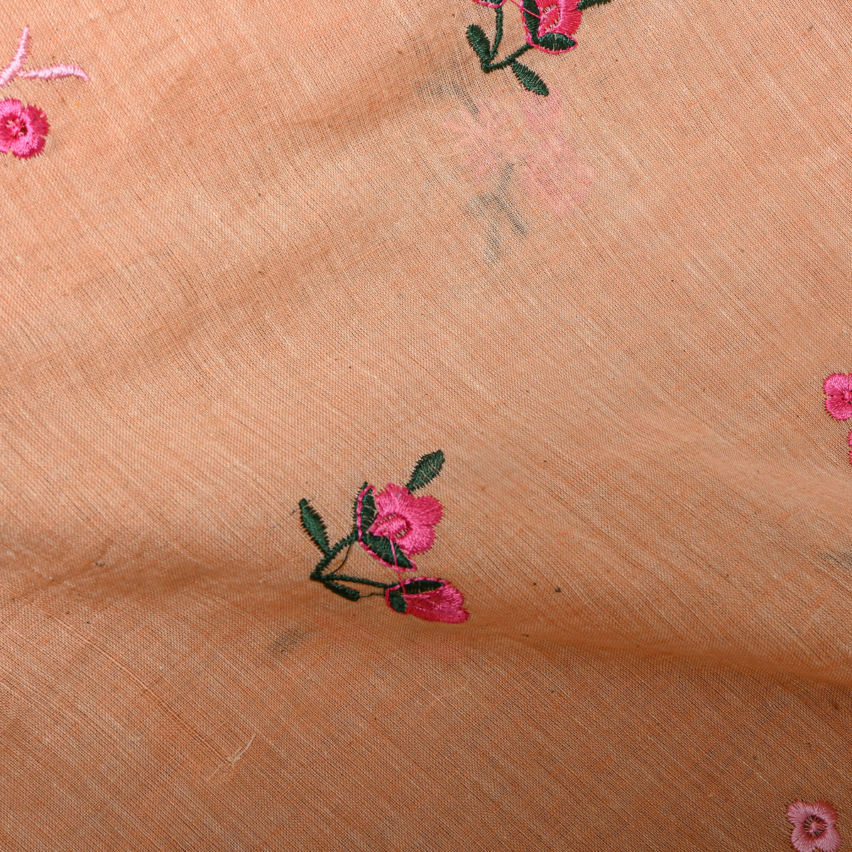 Peach With Pink Thread Work Butti Cotton Fabric