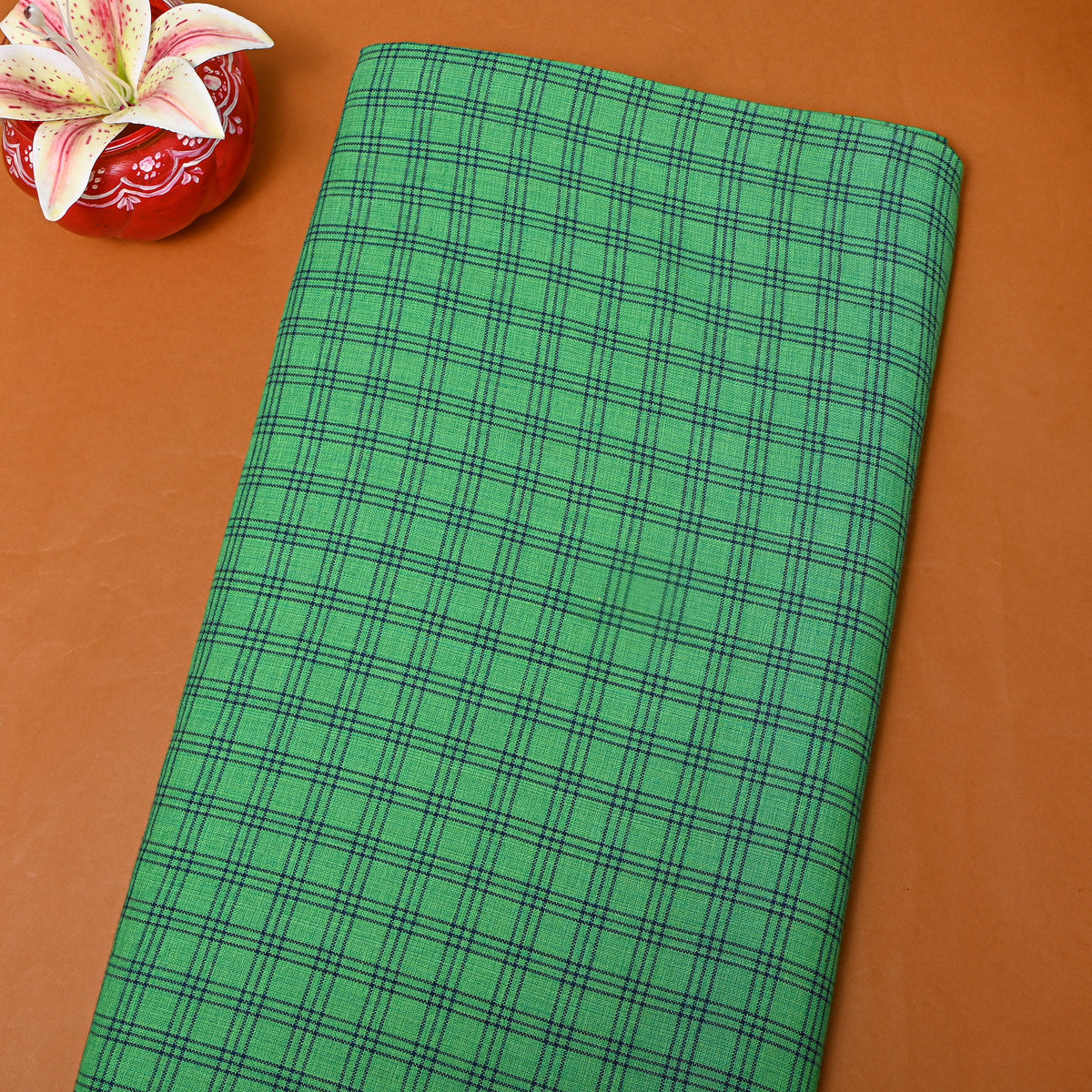 Green With Blue Check Cotton Fabric