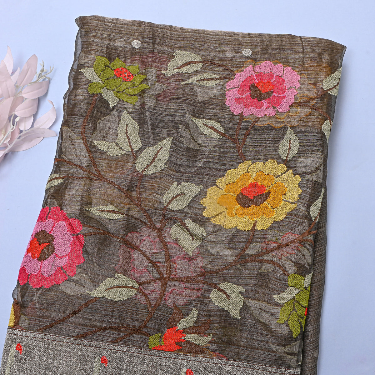 Smoke Grey Thread Work Embroidery Tissue Fabric