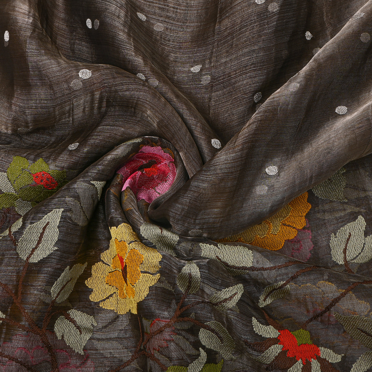 Smoke Grey Thread Work Embroidery Tissue Fabric