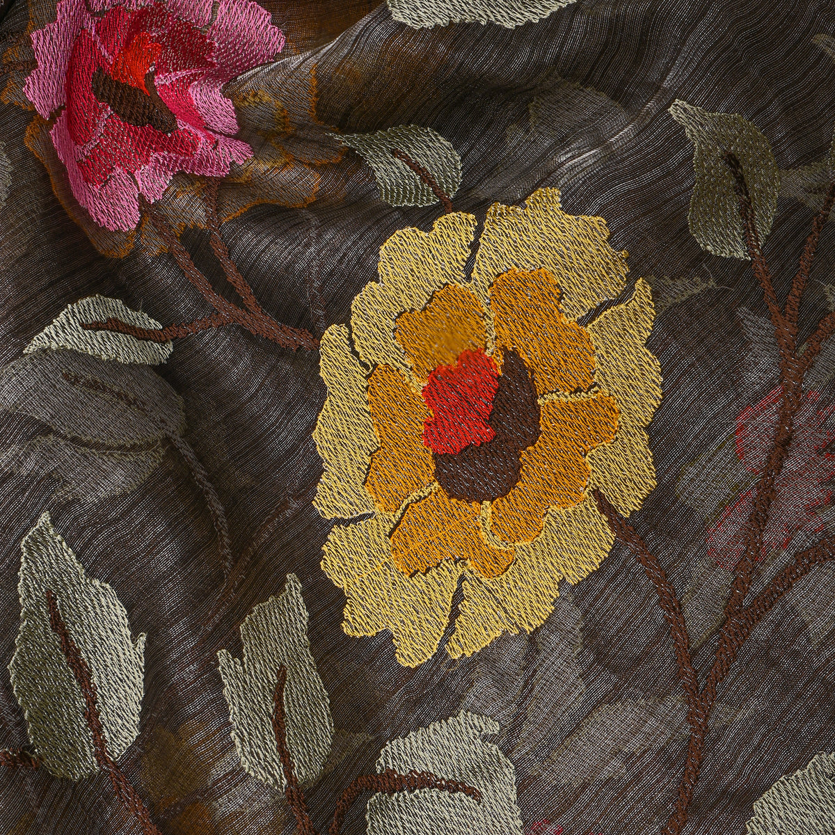 Smoke Grey Thread Work Embroidery Tissue Fabric