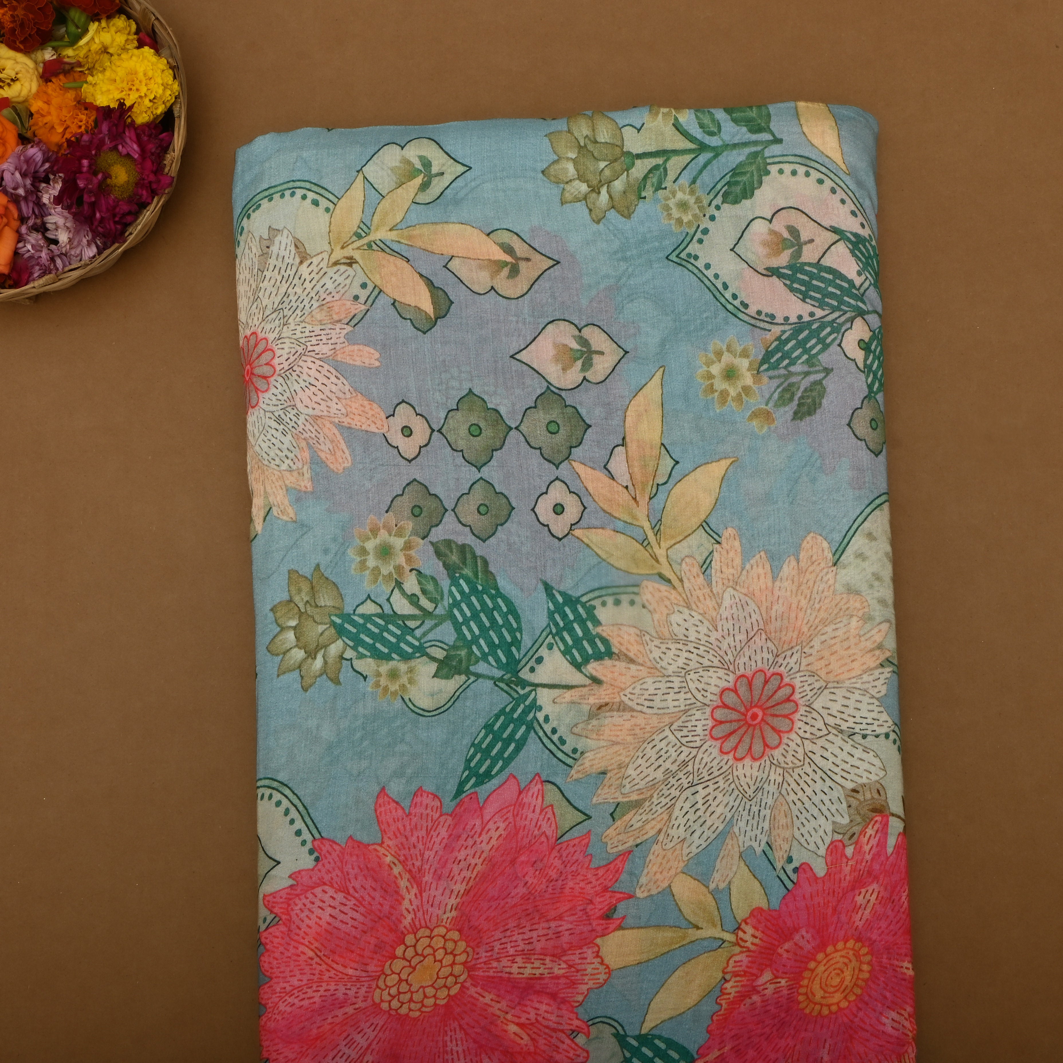 Pale Blue Chanderi Fabric With Floral Prints