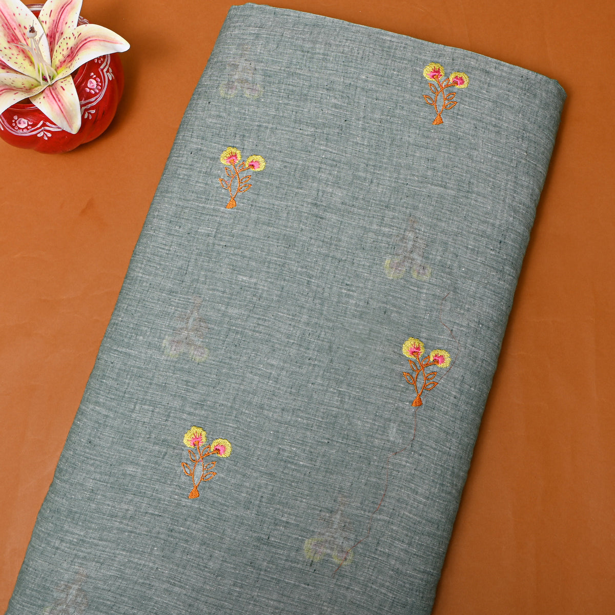 Muted Greyish Green With Yellow Thread Work Floral Butti Cotton Fabric