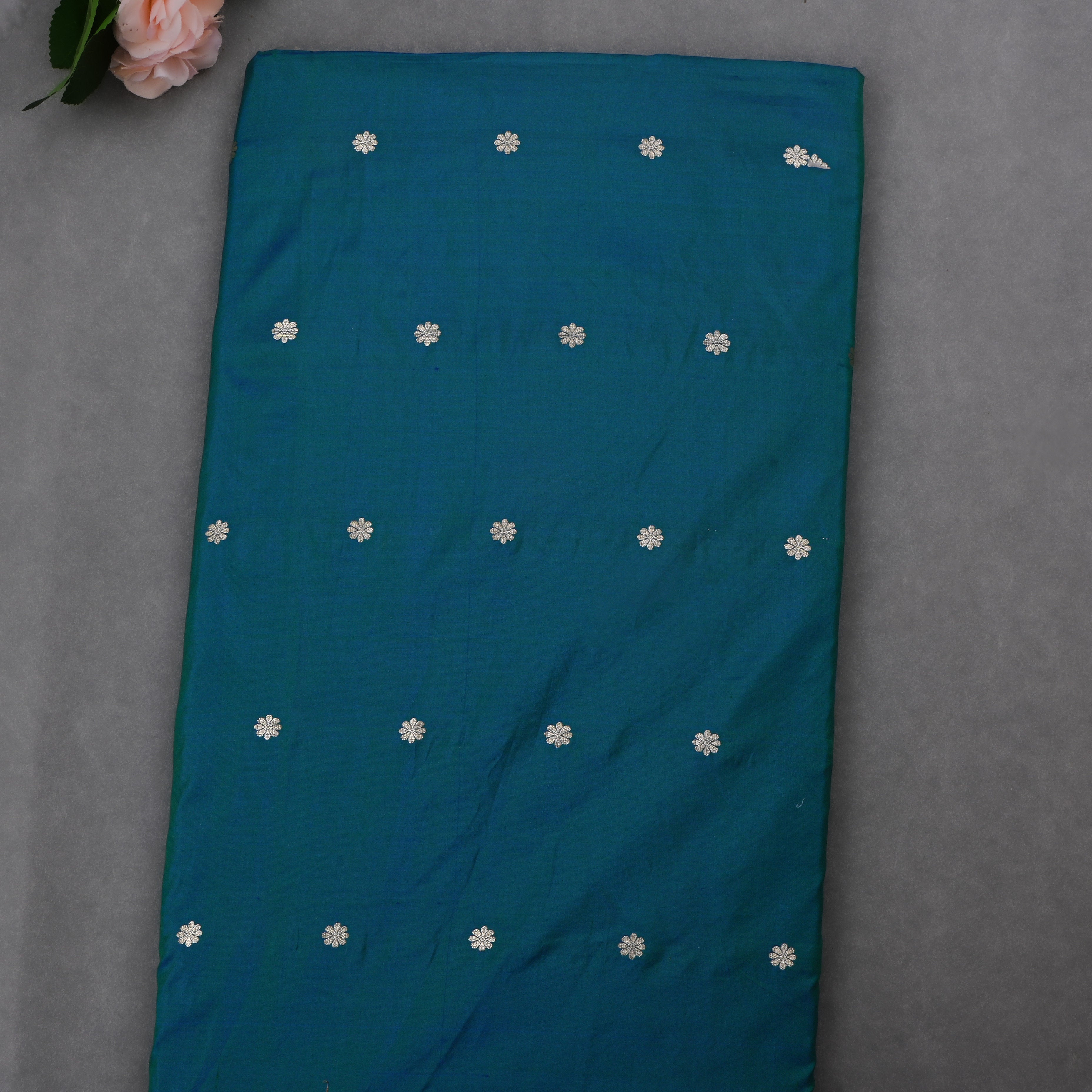 Sherpa Blue And Green Jamawar Silk Fabric With Floral Butti'S
