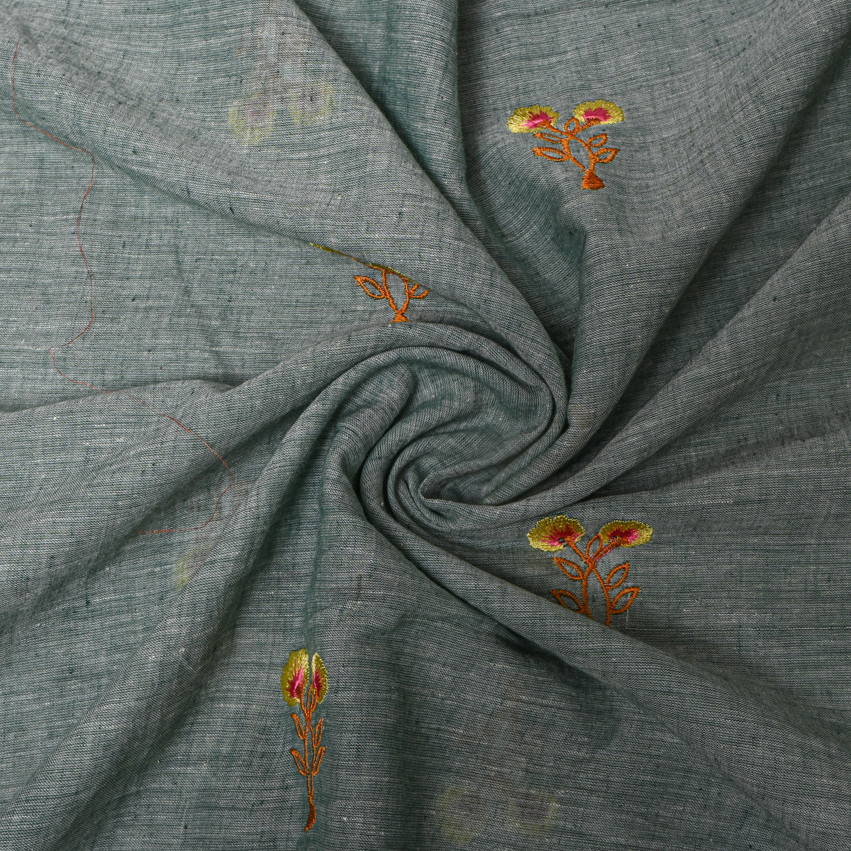 Muted Greyish Green With Yellow Thread Work Floral Butti Cotton Fabric