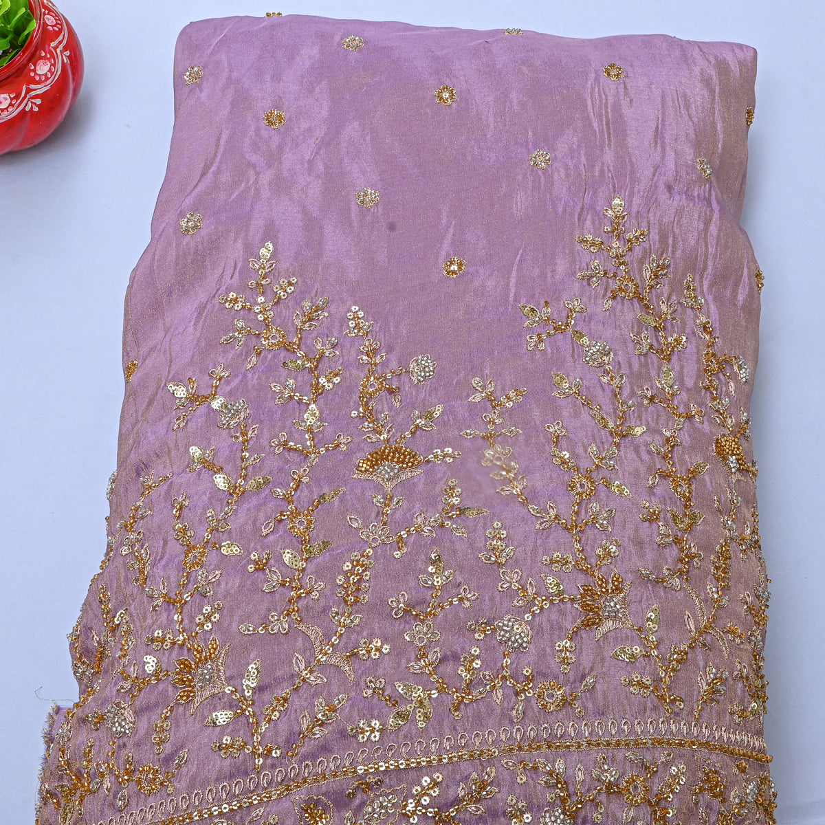 Purple Gold Butti Floral Embroidery Tissue Fabric