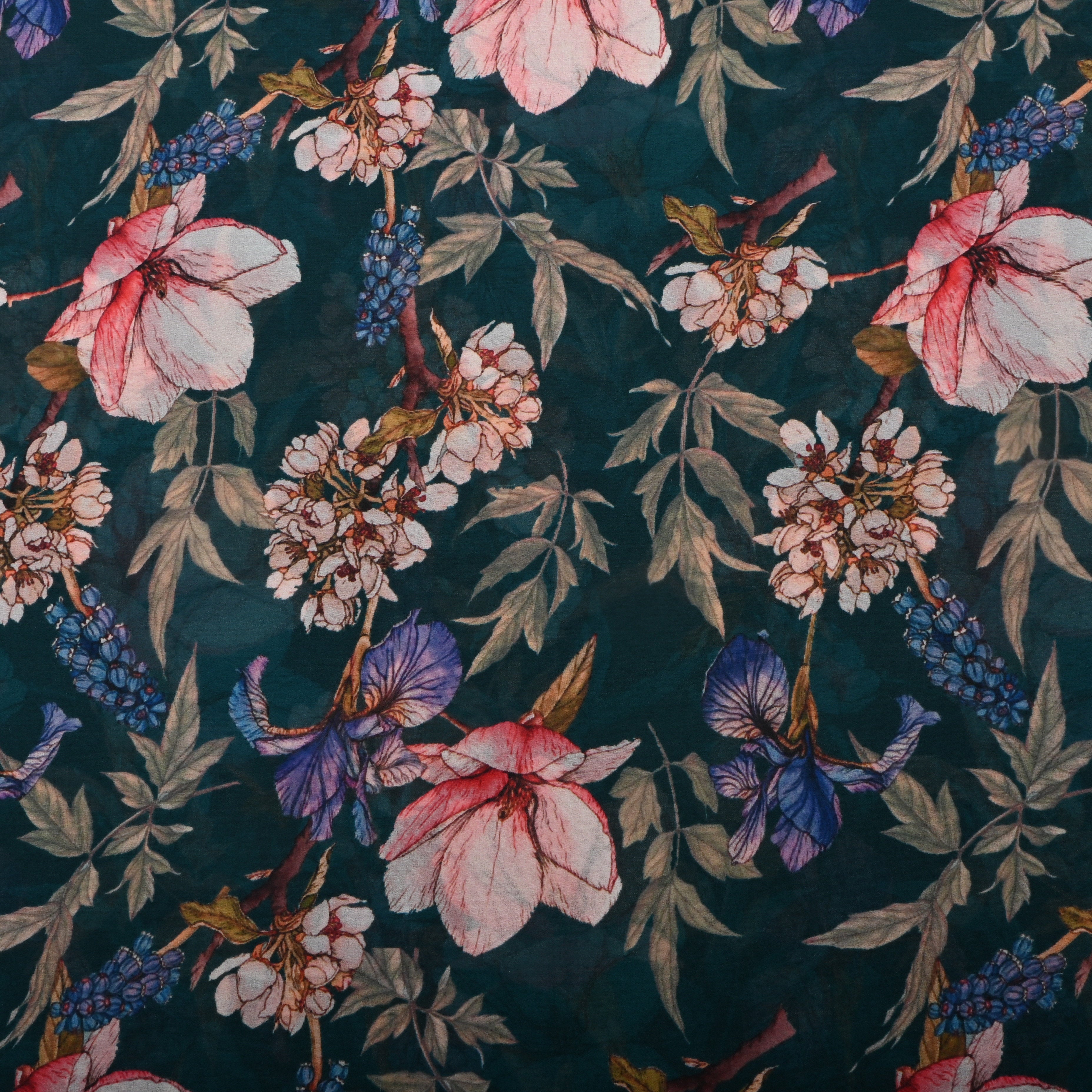 Dark Teal Georgette Fabric With Prints