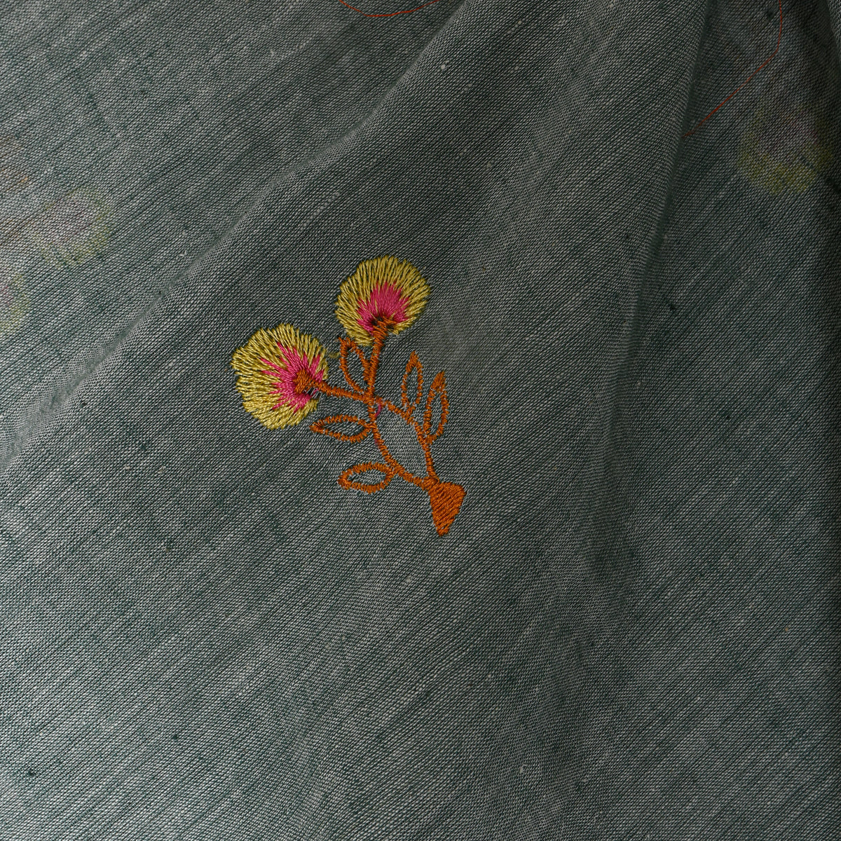 Muted Greyish Green With Yellow Thread Work Floral Butti Cotton Fabric