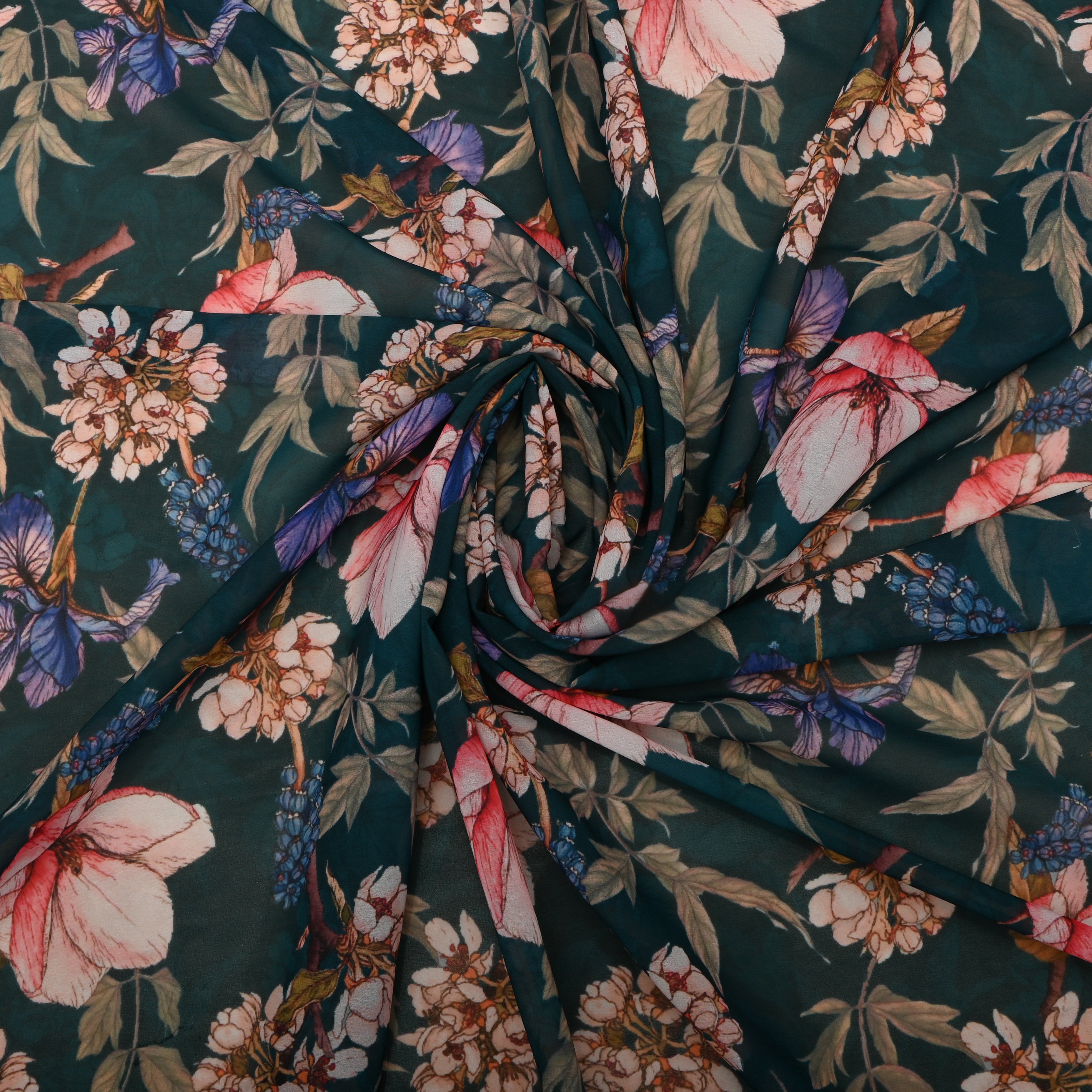 Dark Teal Georgette Fabric With Prints