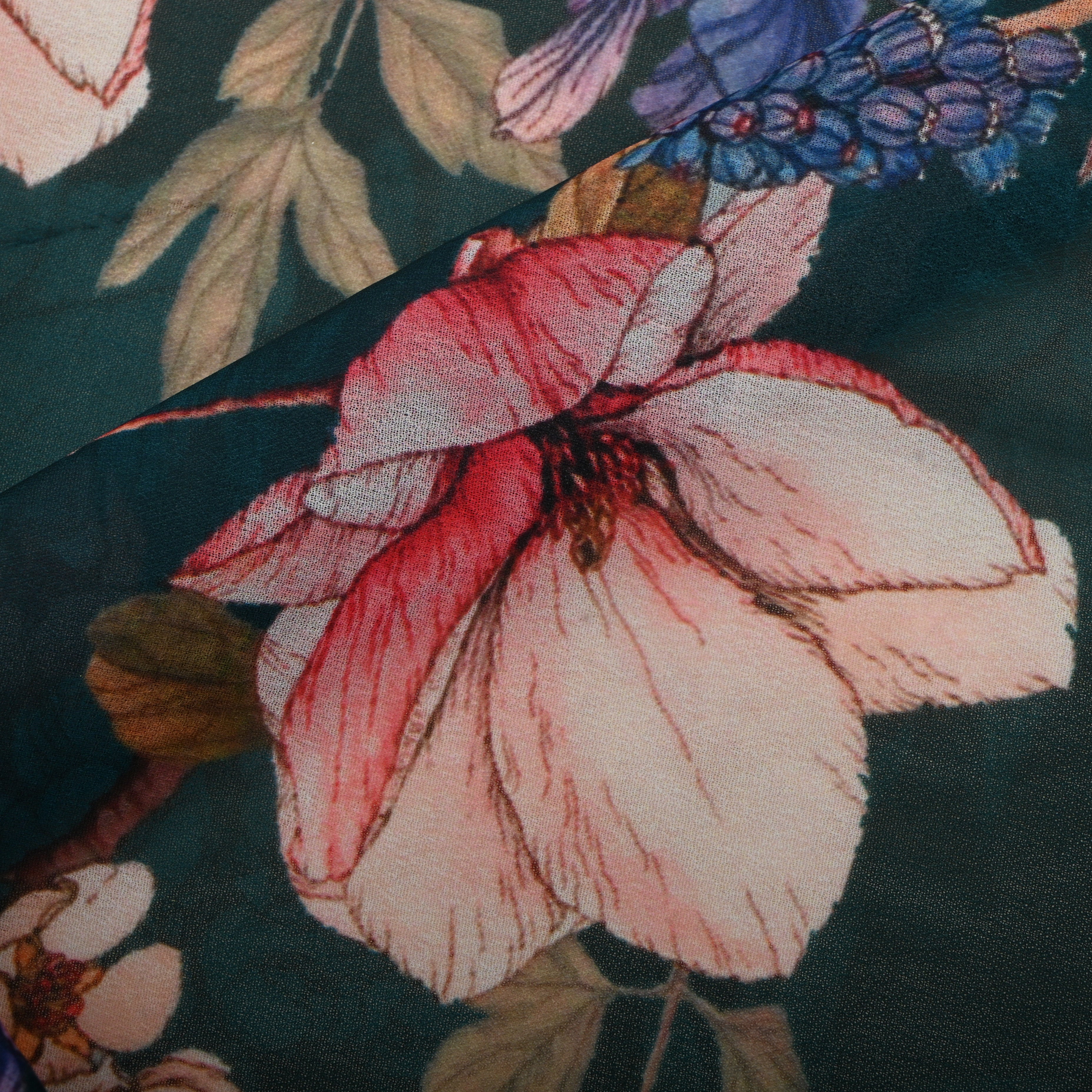 Dark Teal Georgette Fabric With Prints