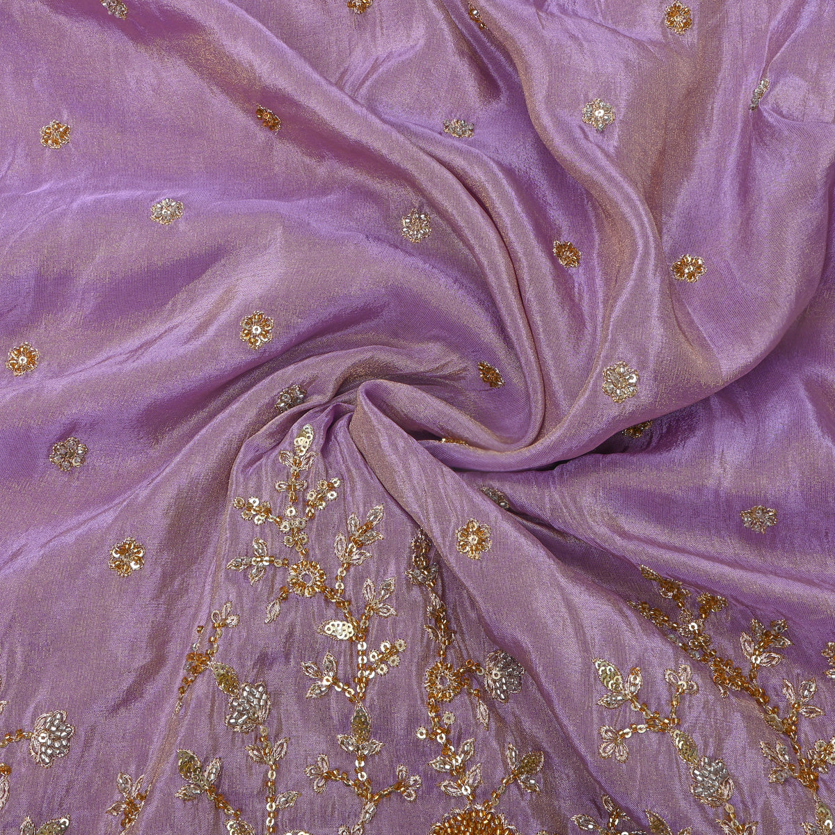Purple Gold Butti Floral Embroidery Tissue Fabric