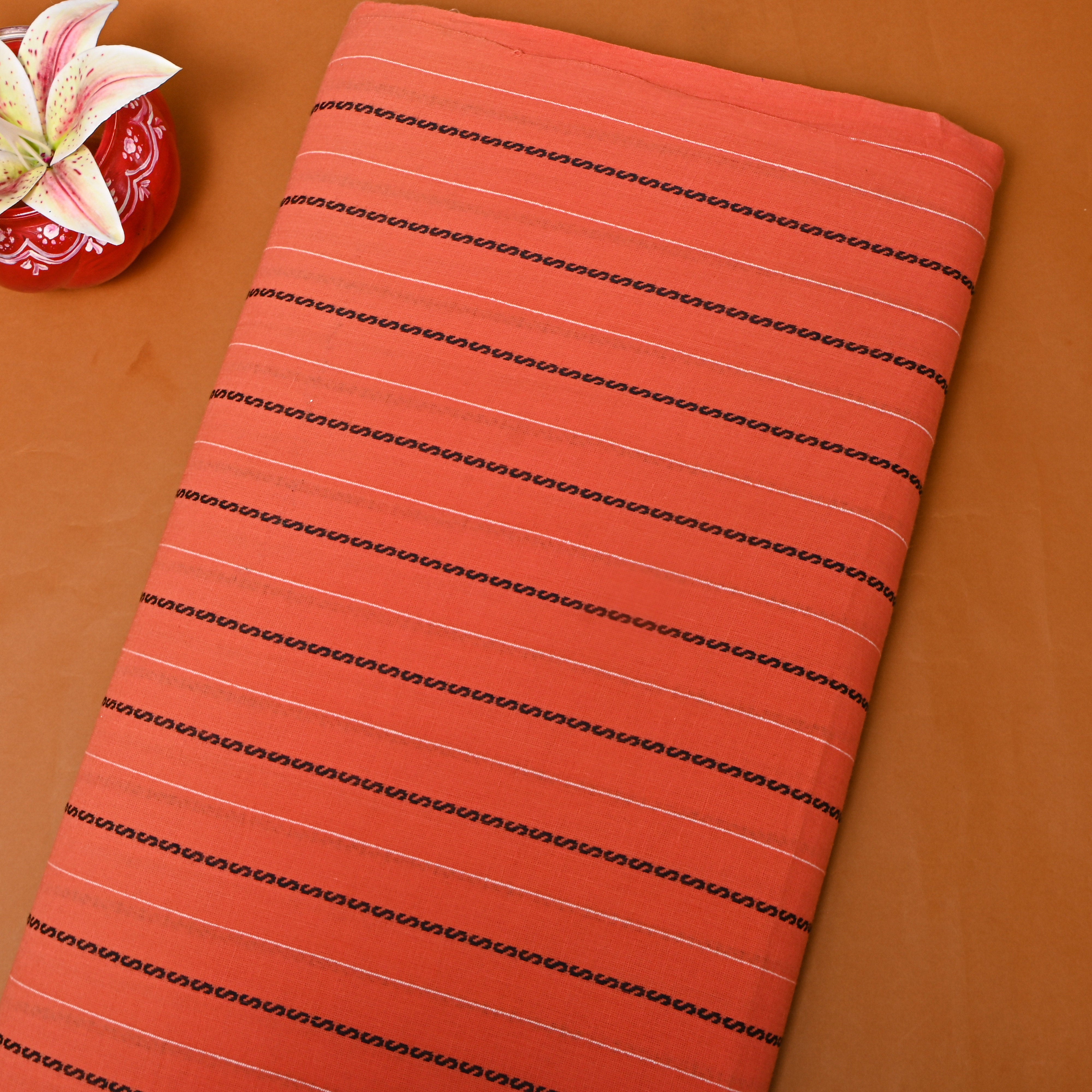 Orange With Black Wavy Stripe Cotton Fabric